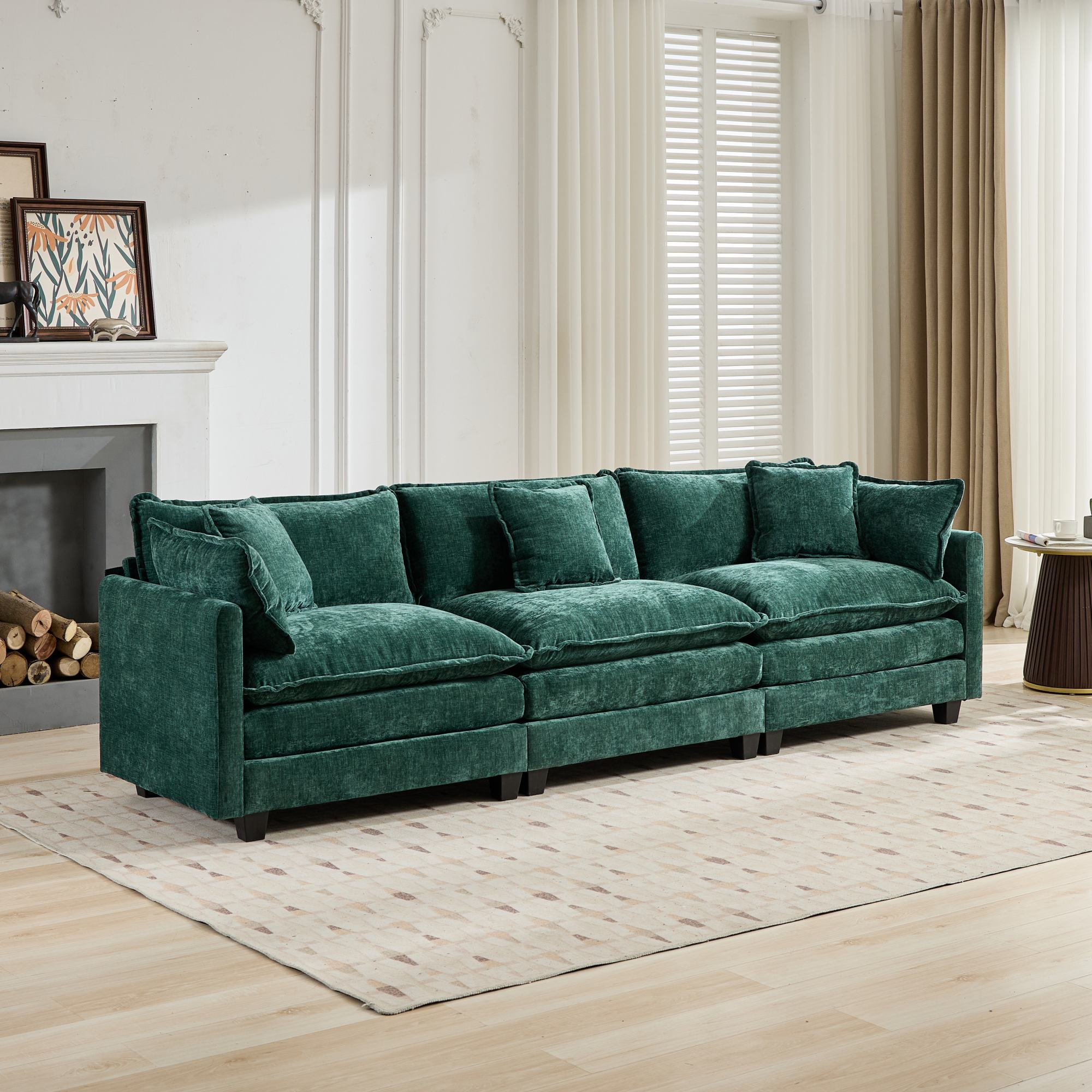 Cloud Sofa 3-Seat Sectional Couch with Double Layer Upholstered Cushion, Green Chenille Fabric