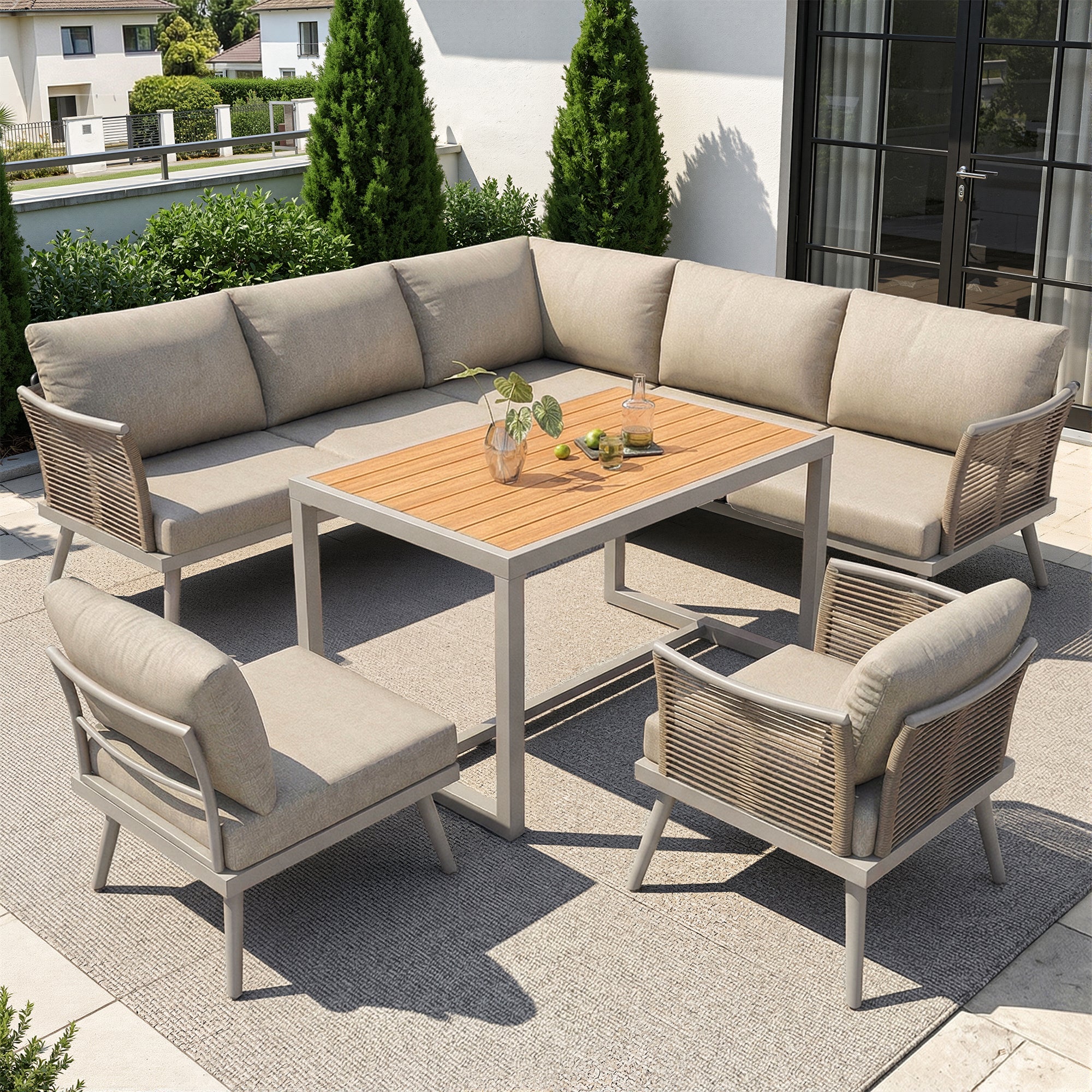 L-Shaped Garden Sofa Set with Coffee Table and Armchair, Seven-Seater Weatherproof Iron, Grey and Beige