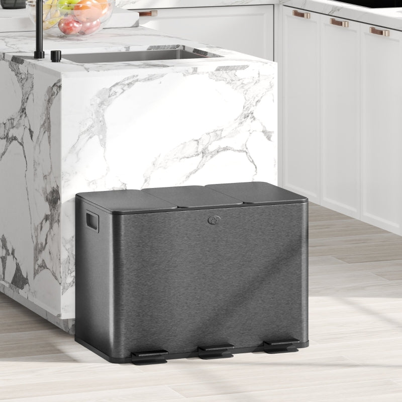 3 x 20L Pedal Bin, Soft Close Triple Kitchen Bin, Black Steel