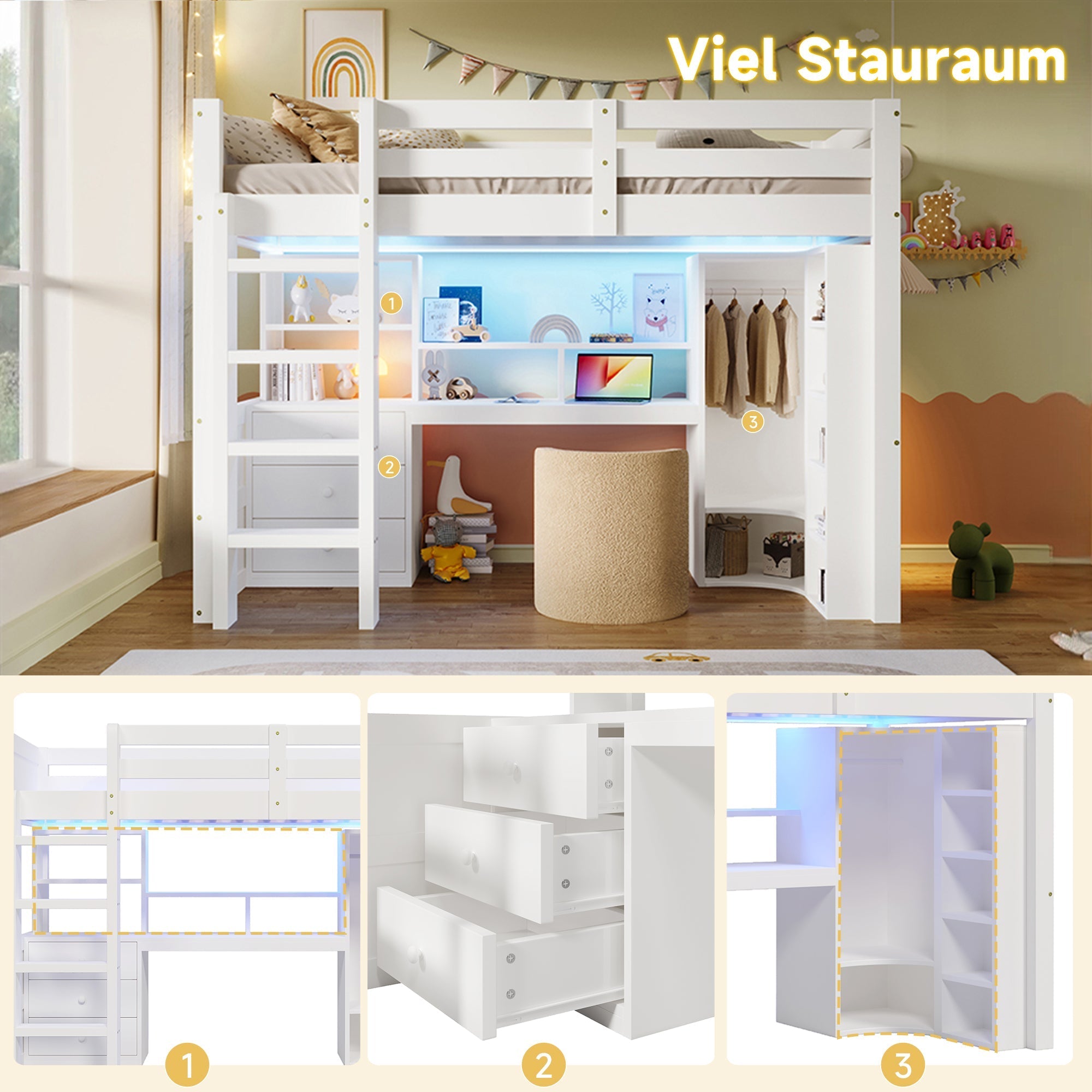 Loft Bed 90x200cm LED Wardrobe Desk Drawers Storage - White