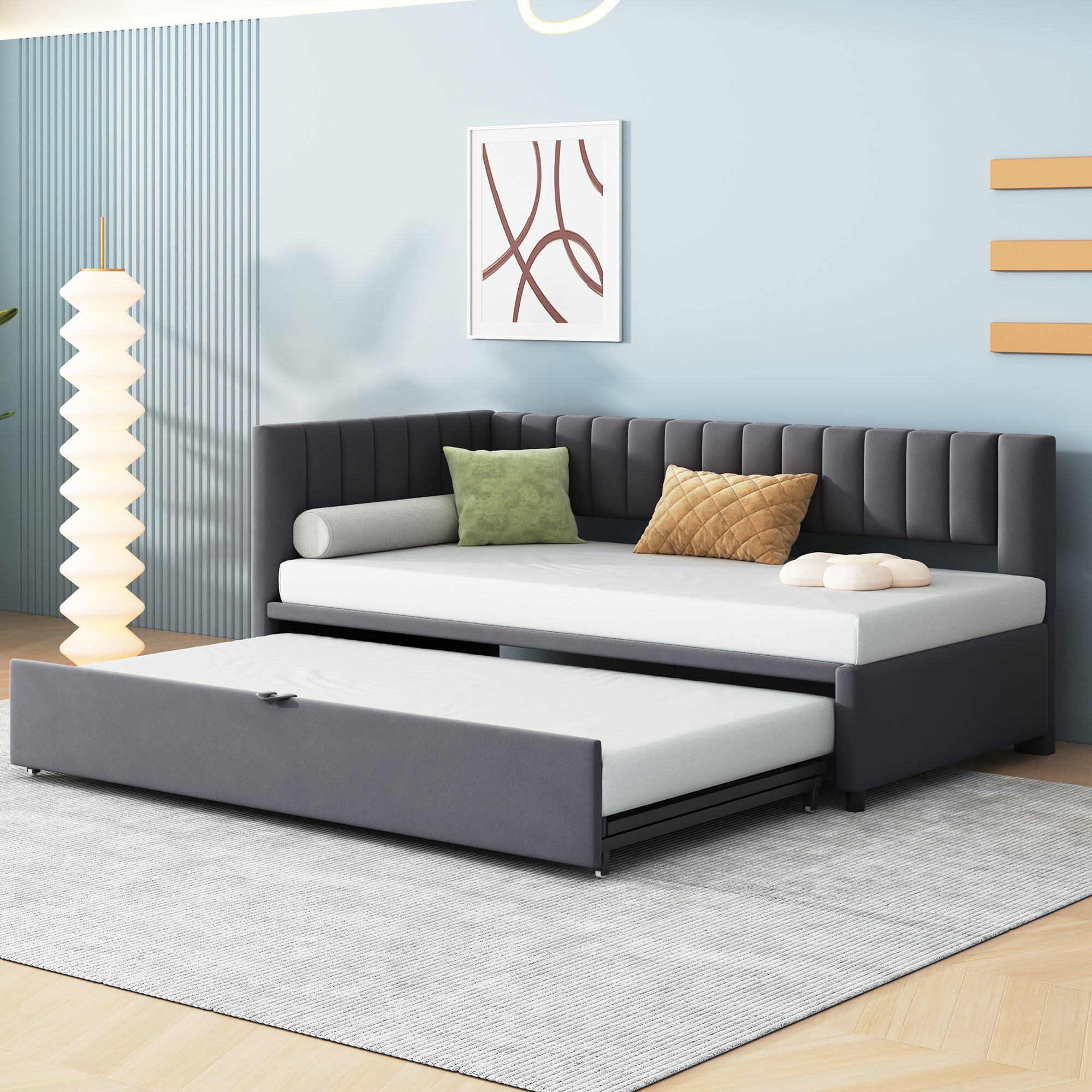 Sofa Bed, L-Shaped Pull-Out 90/180*200cm, Velvet Fabric, Gray