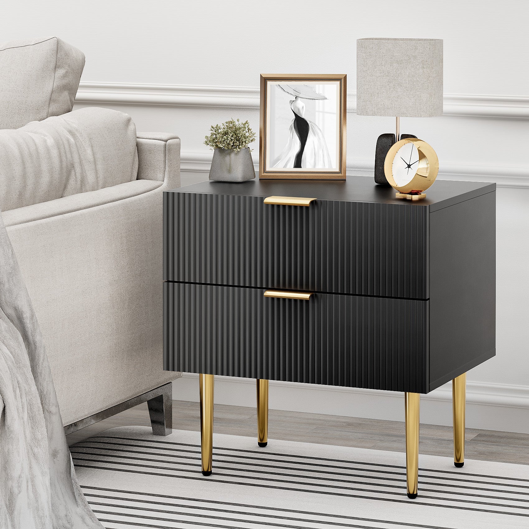 Bedside Table, 2 Drawers, Metal Legs, Black