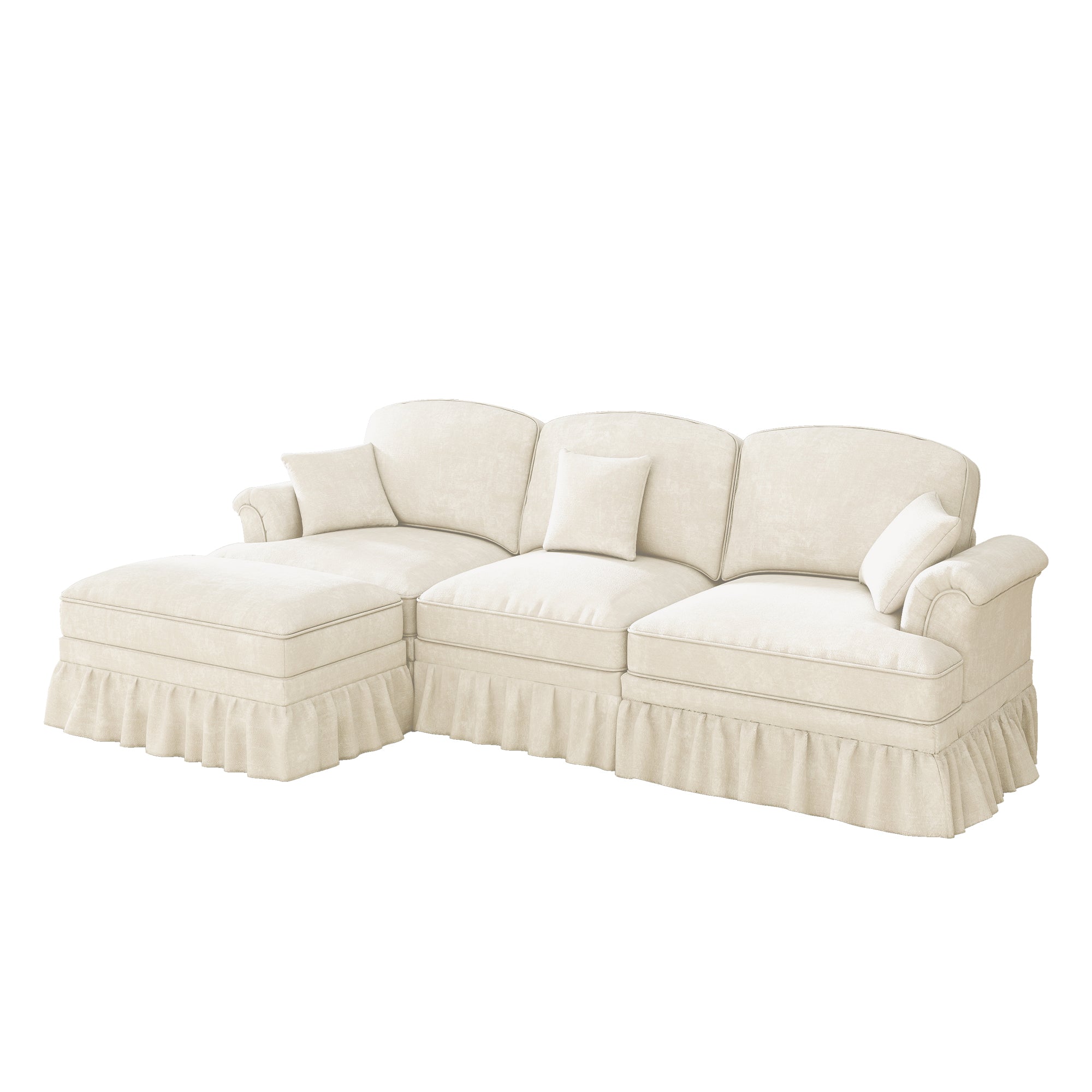 Modular L-Shaped Sofa 3-Seater Mid-Century Ottoman - White Chenille