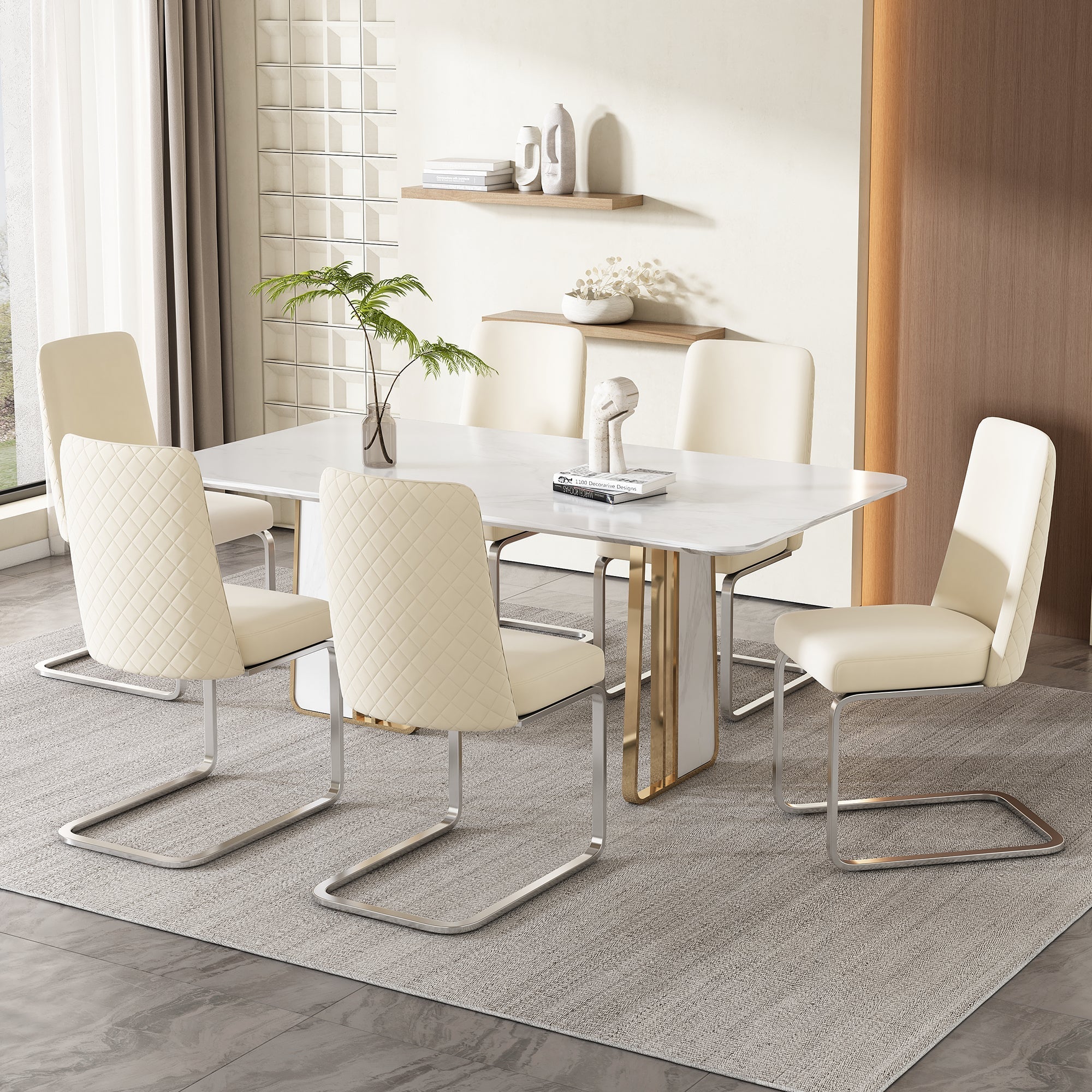 Velvet Dining Chair Set of 6, Diamond Back Design with Silver Metal Legs, Beige Velvet