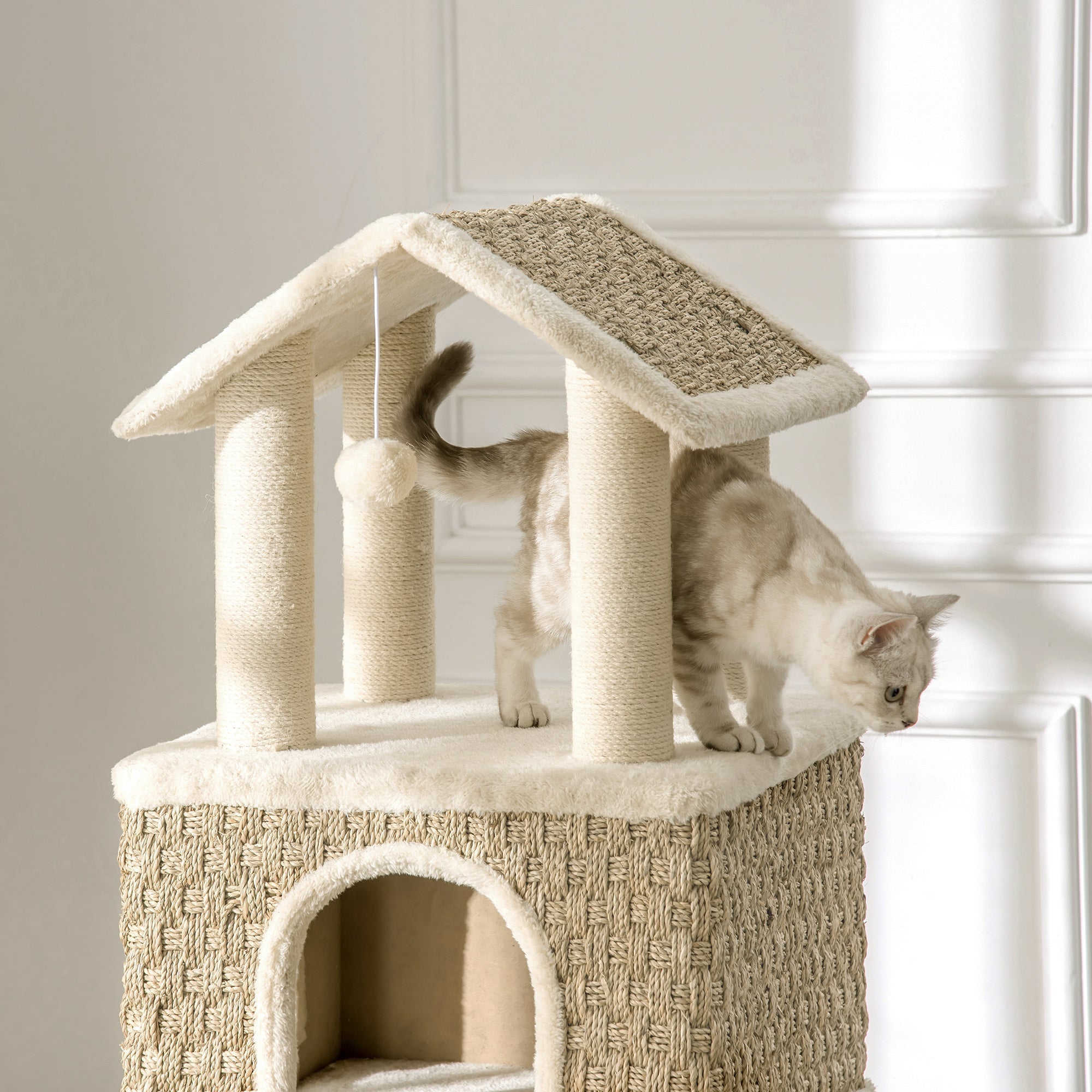 Cat Tree Large 130cm, Cat Cave & Play Balls, Khaki+Beige Chipboard Plush