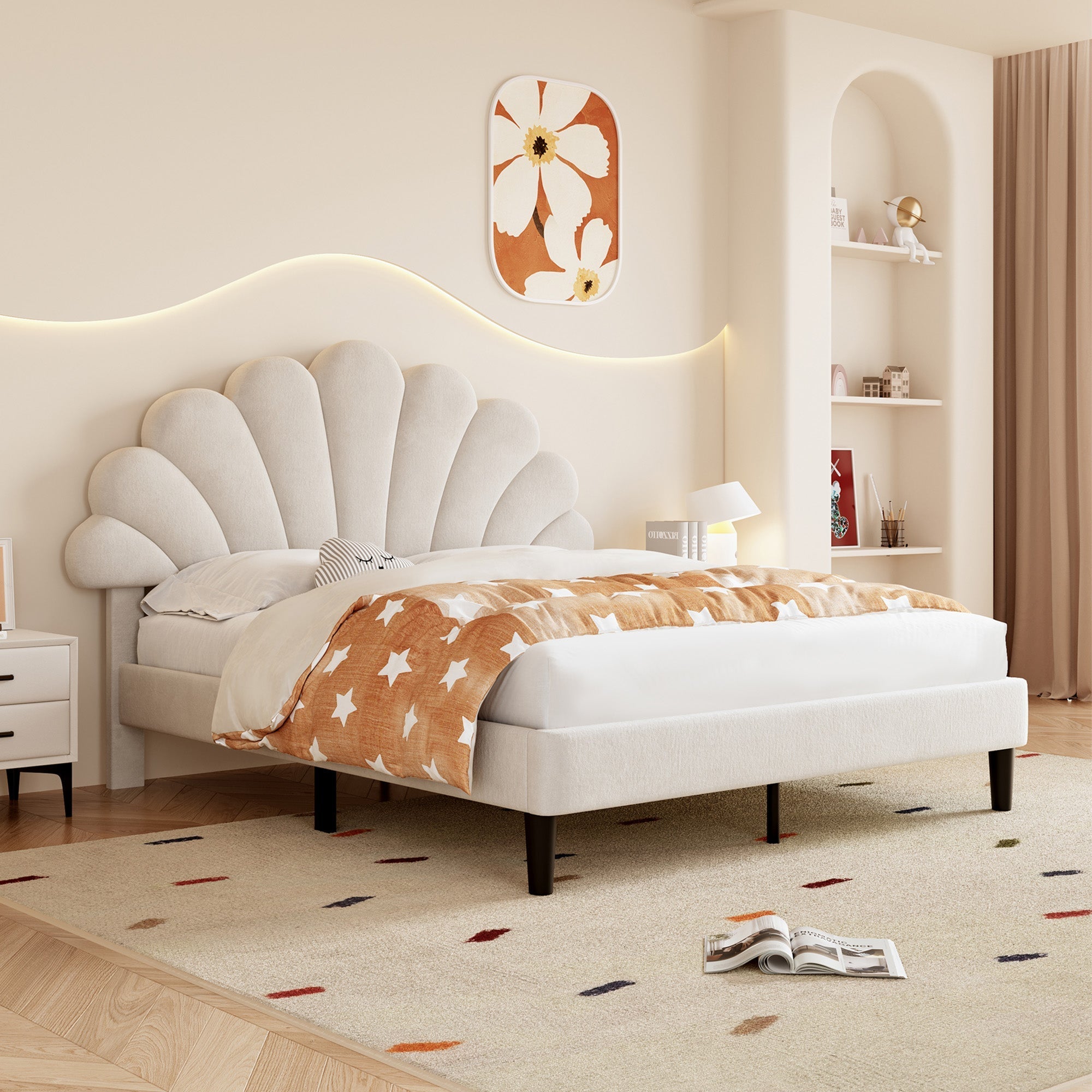 4ft6 Double Upholstered Velvet Bed Frame, Adjustable Chic Petal Headboard, Beige
