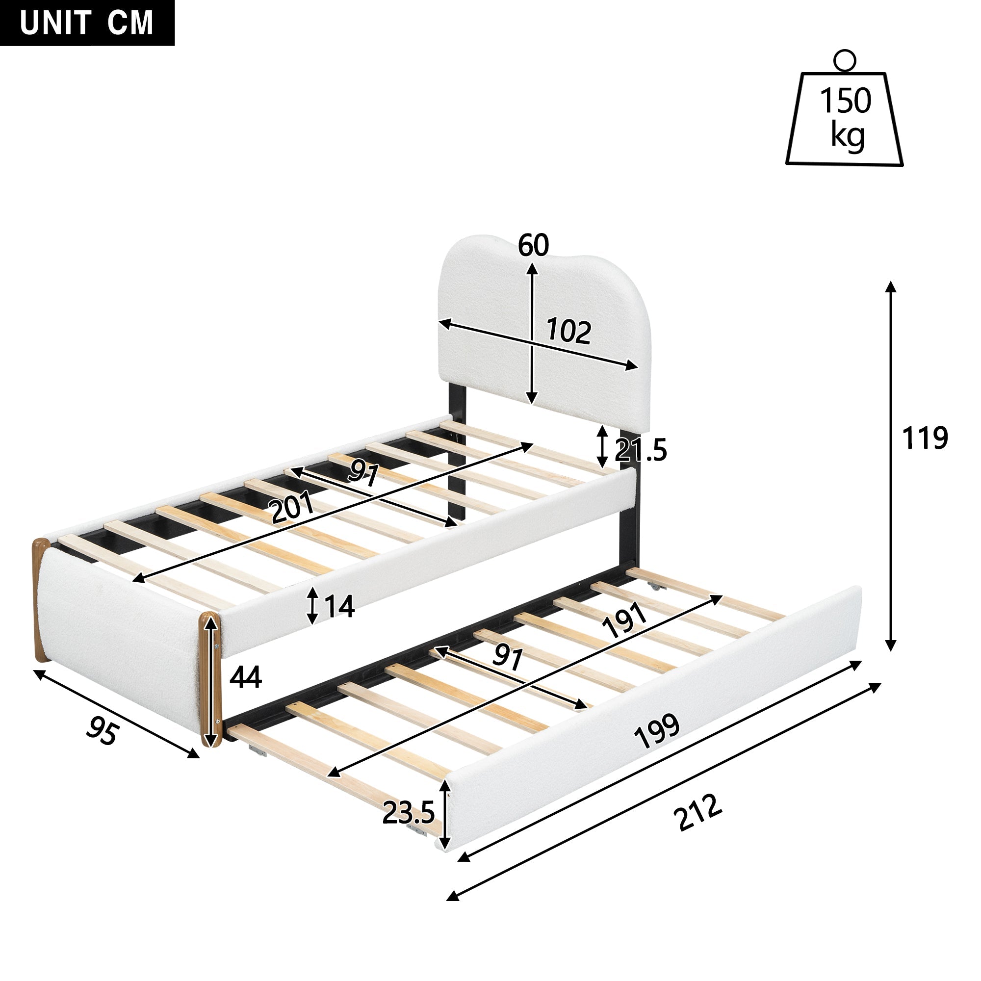 Upholstered Flat Bed with Pull-Out Trundle, 90x200cm, White Velvet