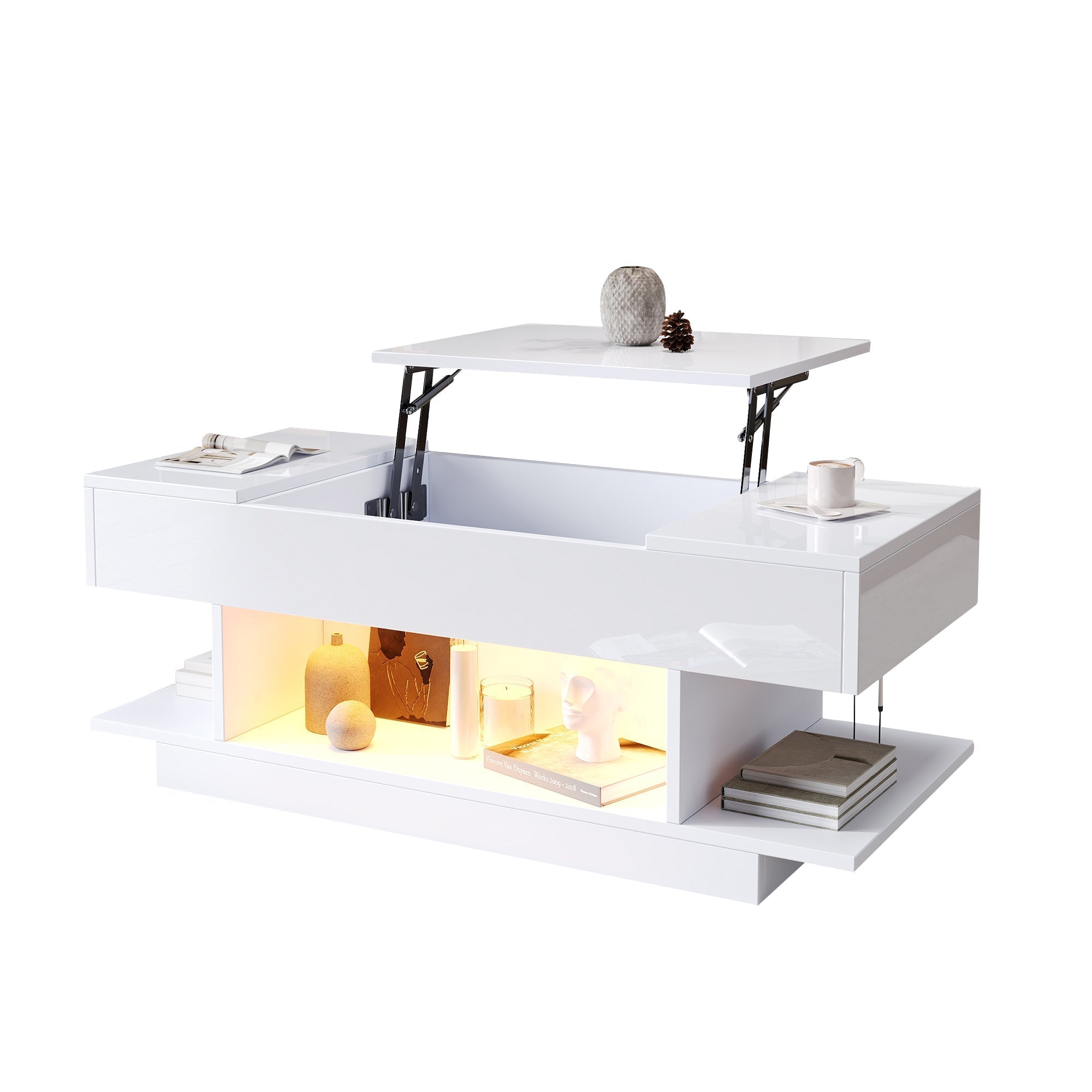 Lift Coffee Table, Height-Adjustable Storage LED, High-Gloss White