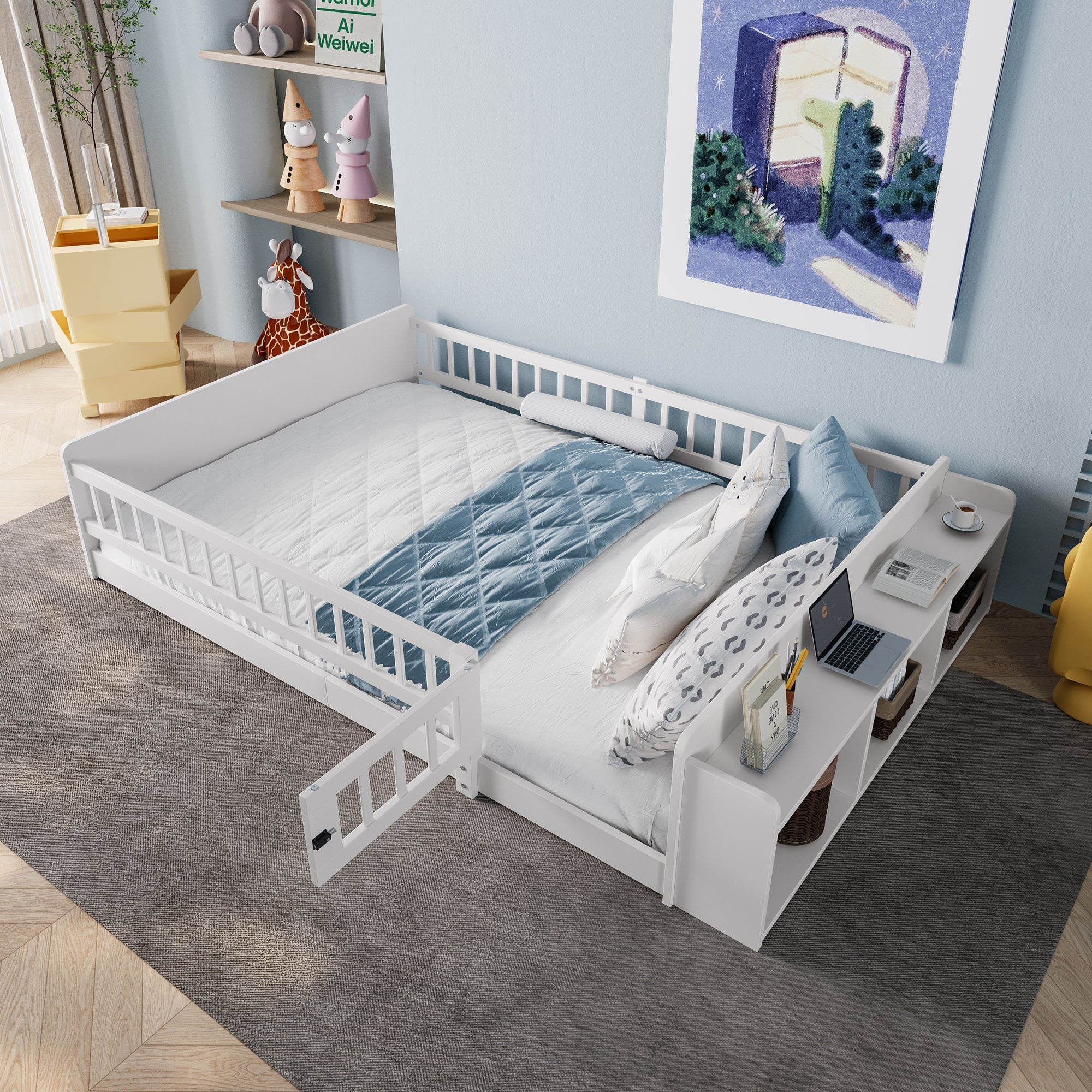 Wooden Children's Bed 140x200cm Open Storage Shelves Pine Wood - White