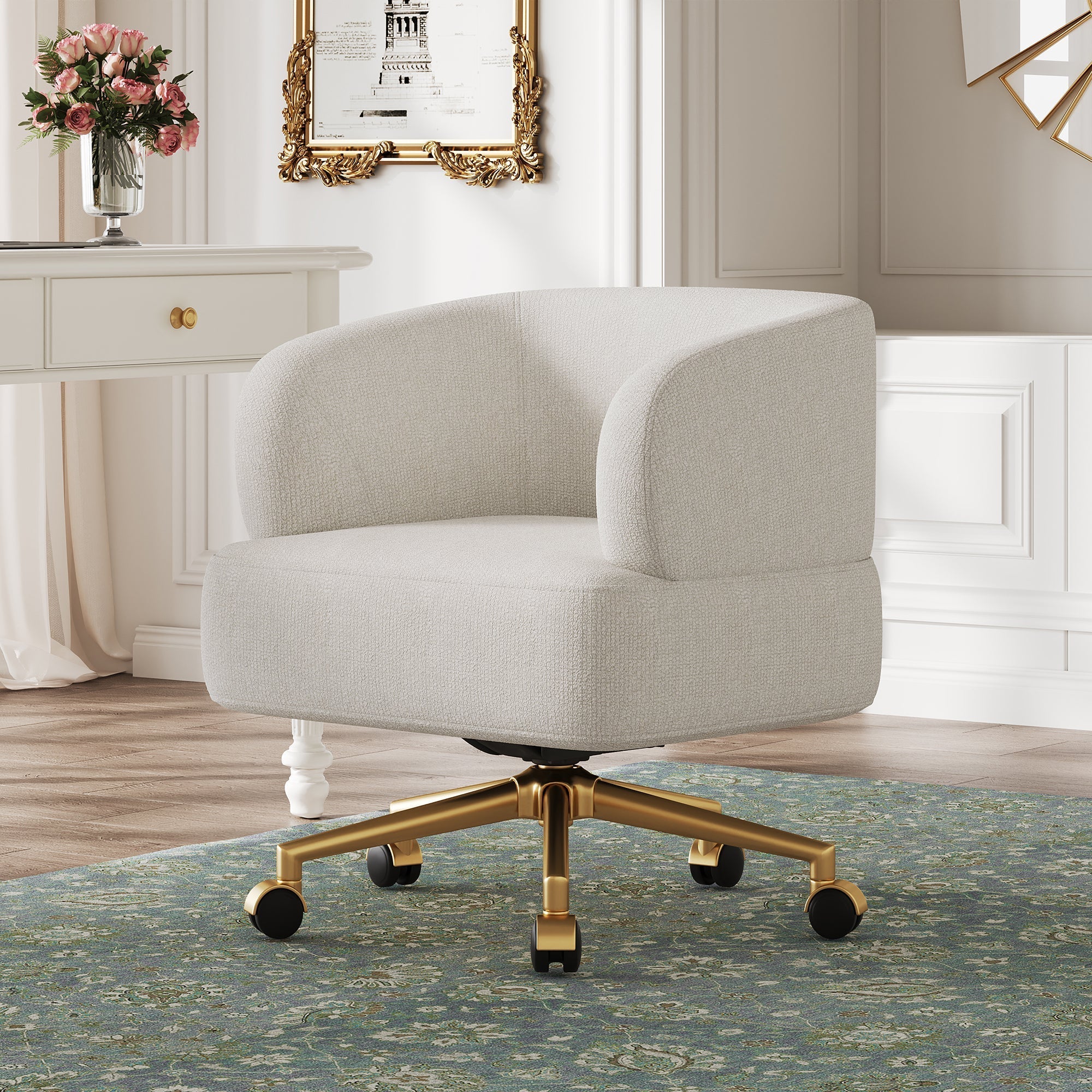 Swivel Chair Contemporary Design 5 Wheels 360° Rotation Chenille Beige