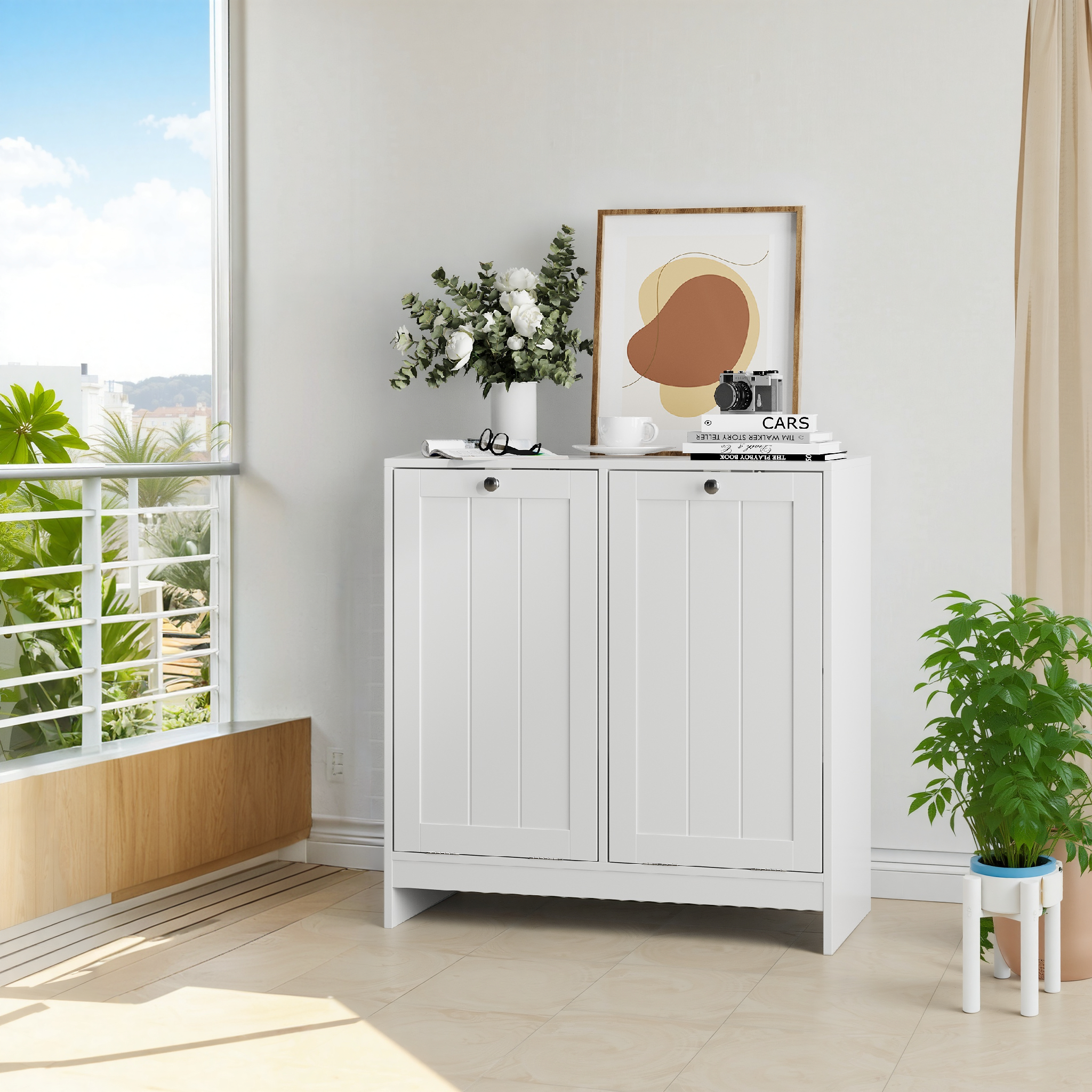 Tilting Laundry Basket Cabinet with Removable Hamper and Storage, Freestanding Bathroom Organizer, White MDF