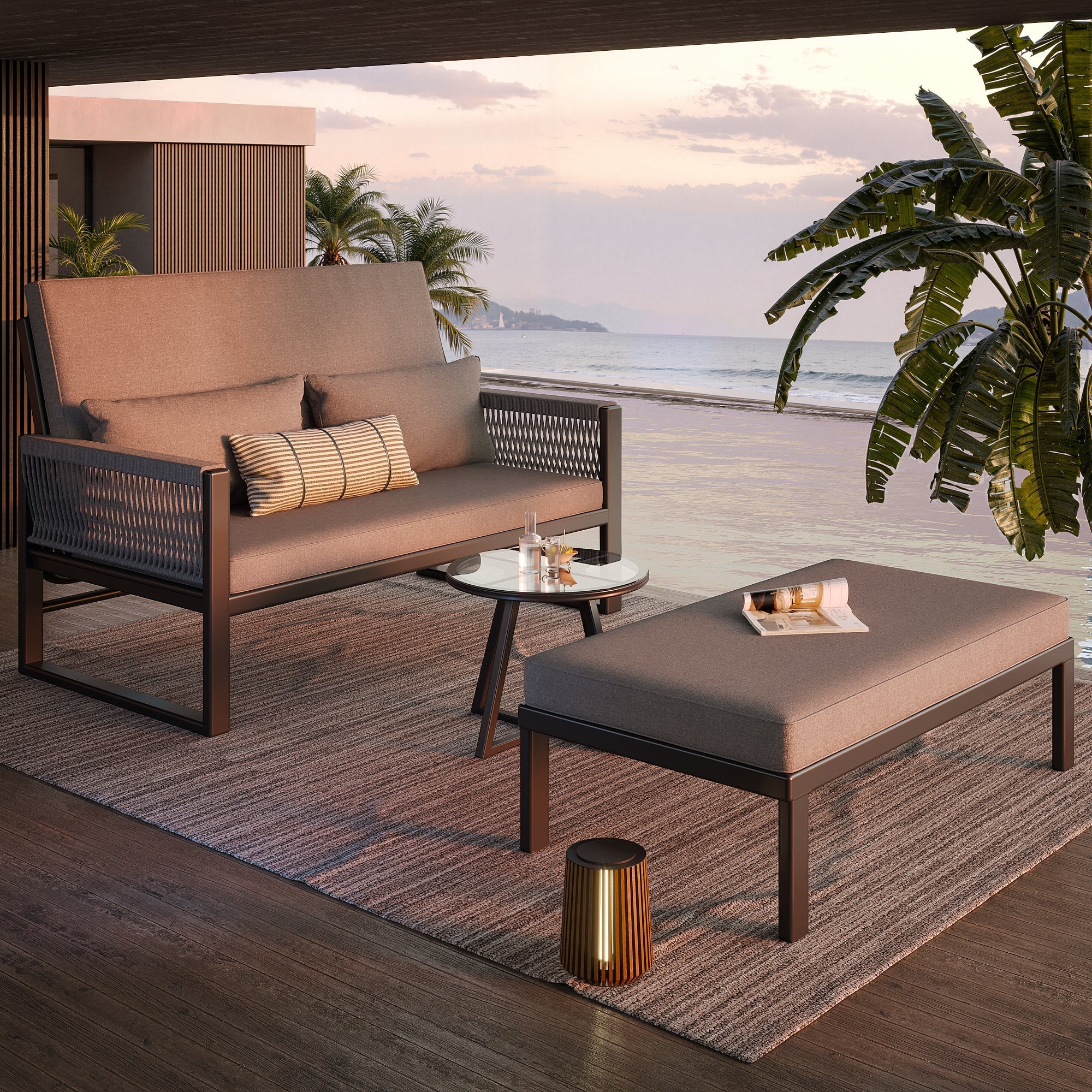 Garden Lounger with Woven Iron Armrests and Glass Coffee Table, Grey