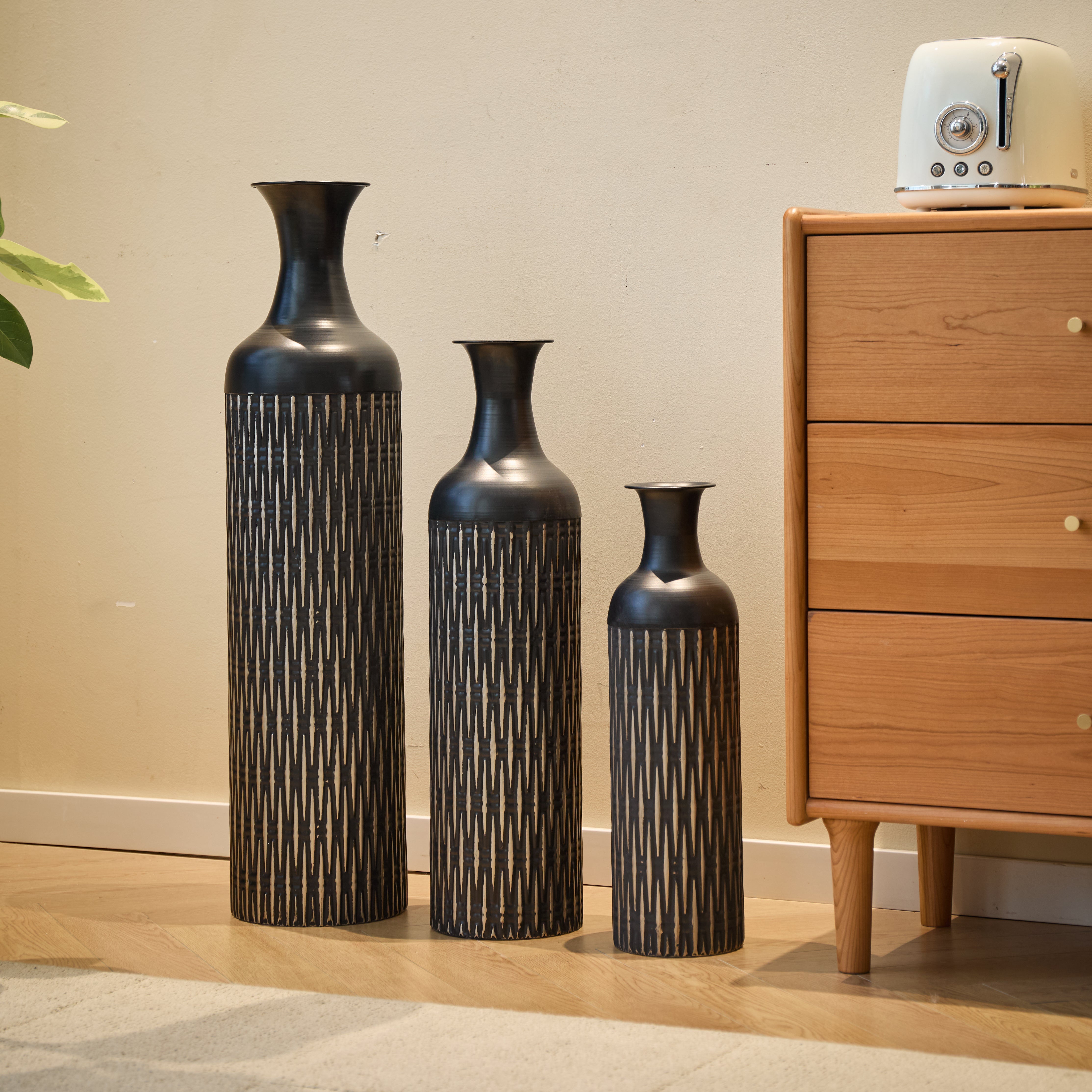 Black Floor Vase Set, 83/65/50cm High 3-Piece Retro Decorative, Metal