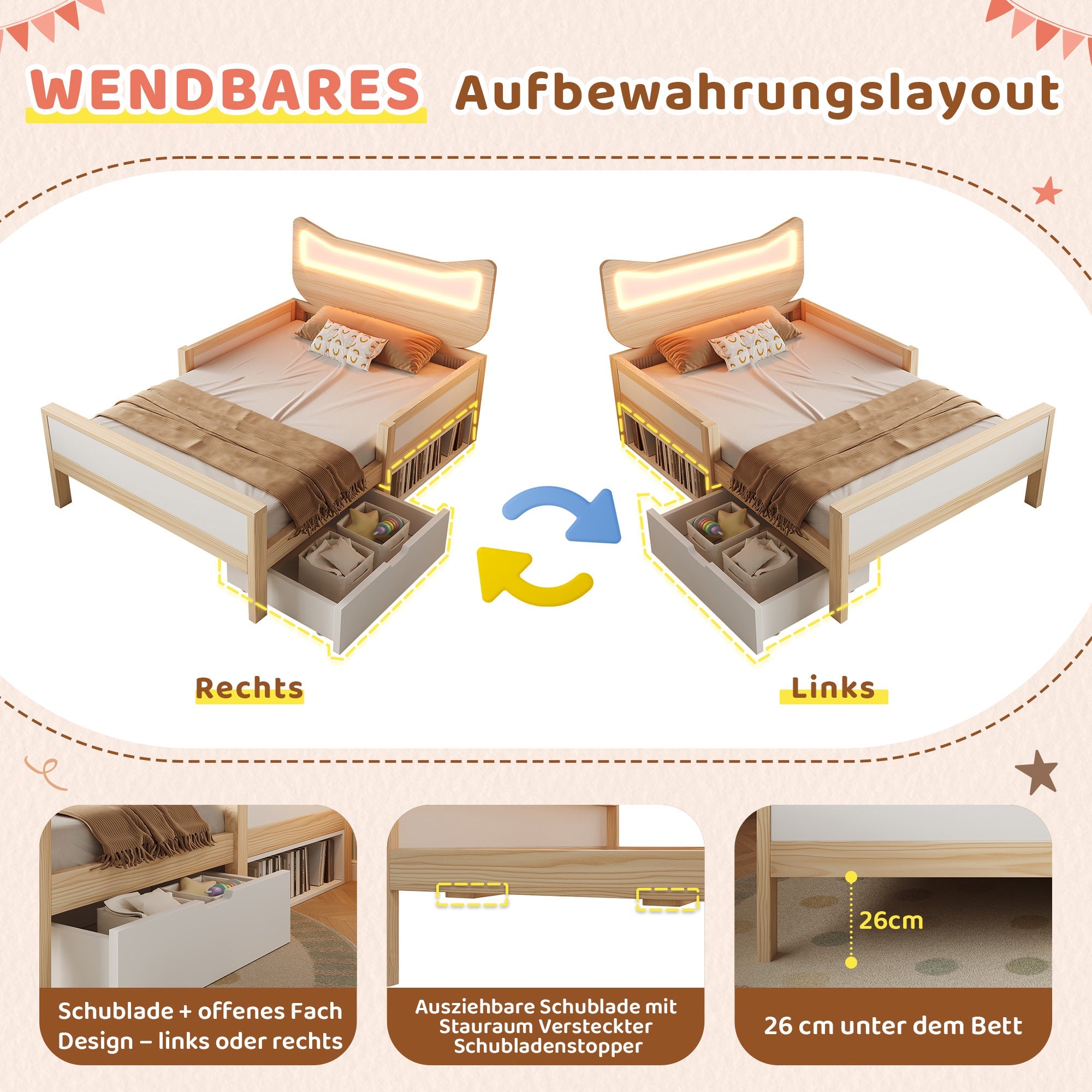 Children's Bed with Cat Ear Headboard, RGB LED Lighting, Storage Drawer and Safety Rails, 140x200cm, White and Oak