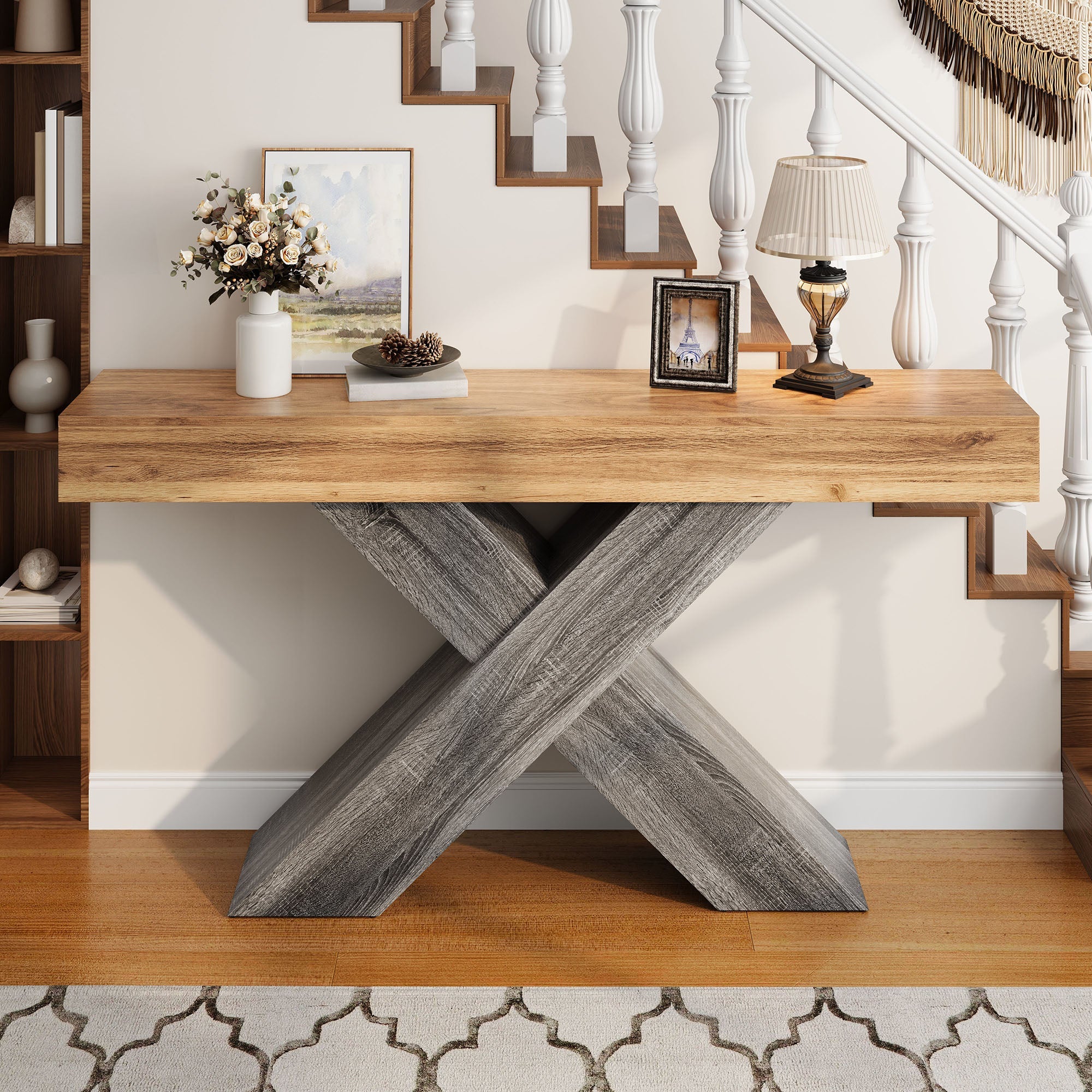 Console Table with X-shaped Legs, Narrow Design for Hallway and Living Room, Wood Look Chipboard