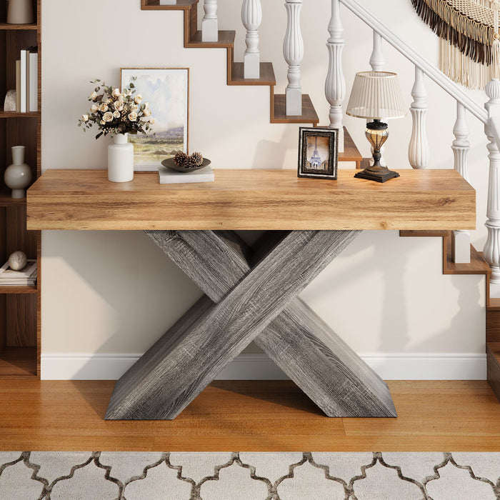 Console Table with X-shaped Legs, Narrow Design for Hallway and Living Room, Wood Look Chipboard