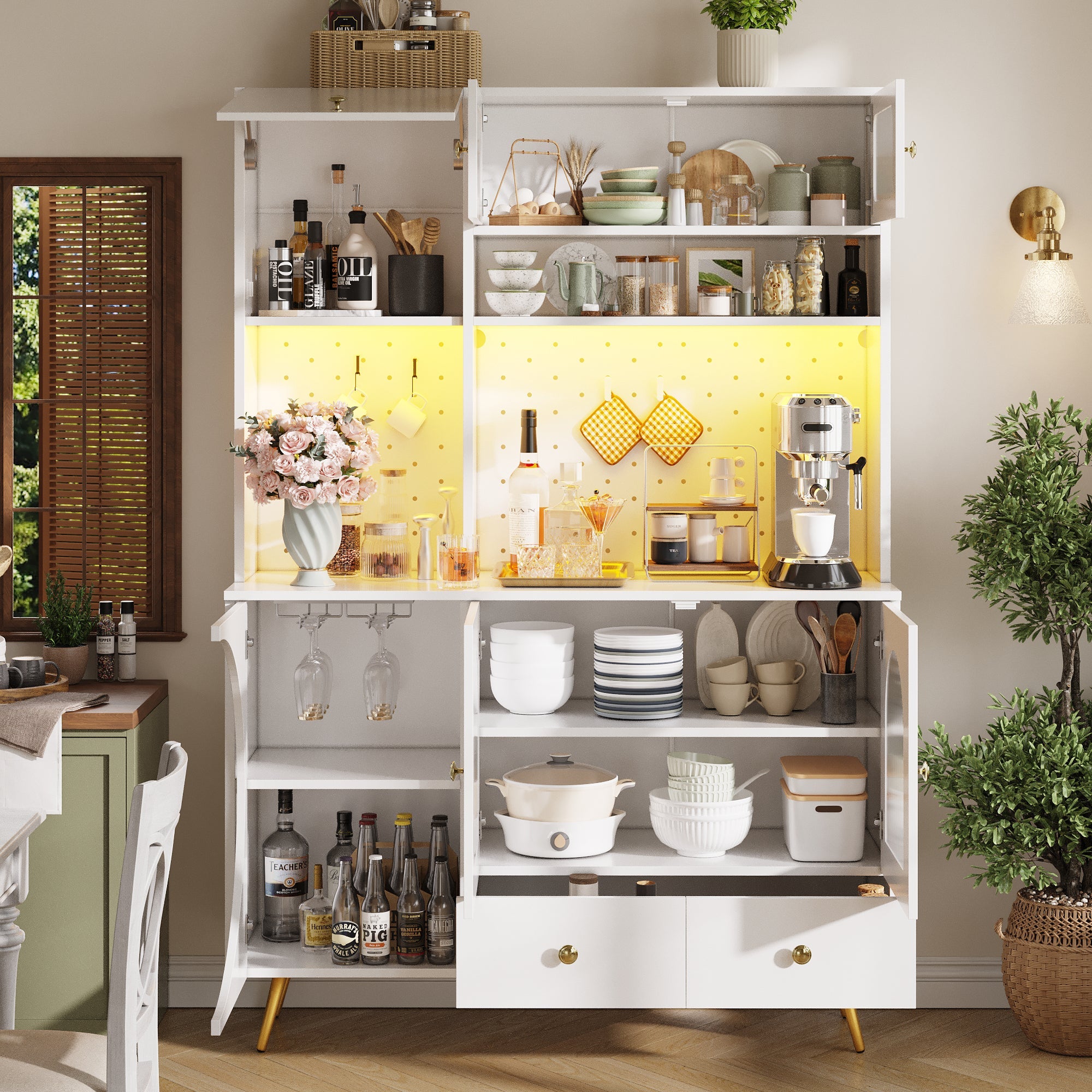 Modern Sideboard and Tall Kitchen Cabinet with LED Lighting, USB Ports and Pegboard, White