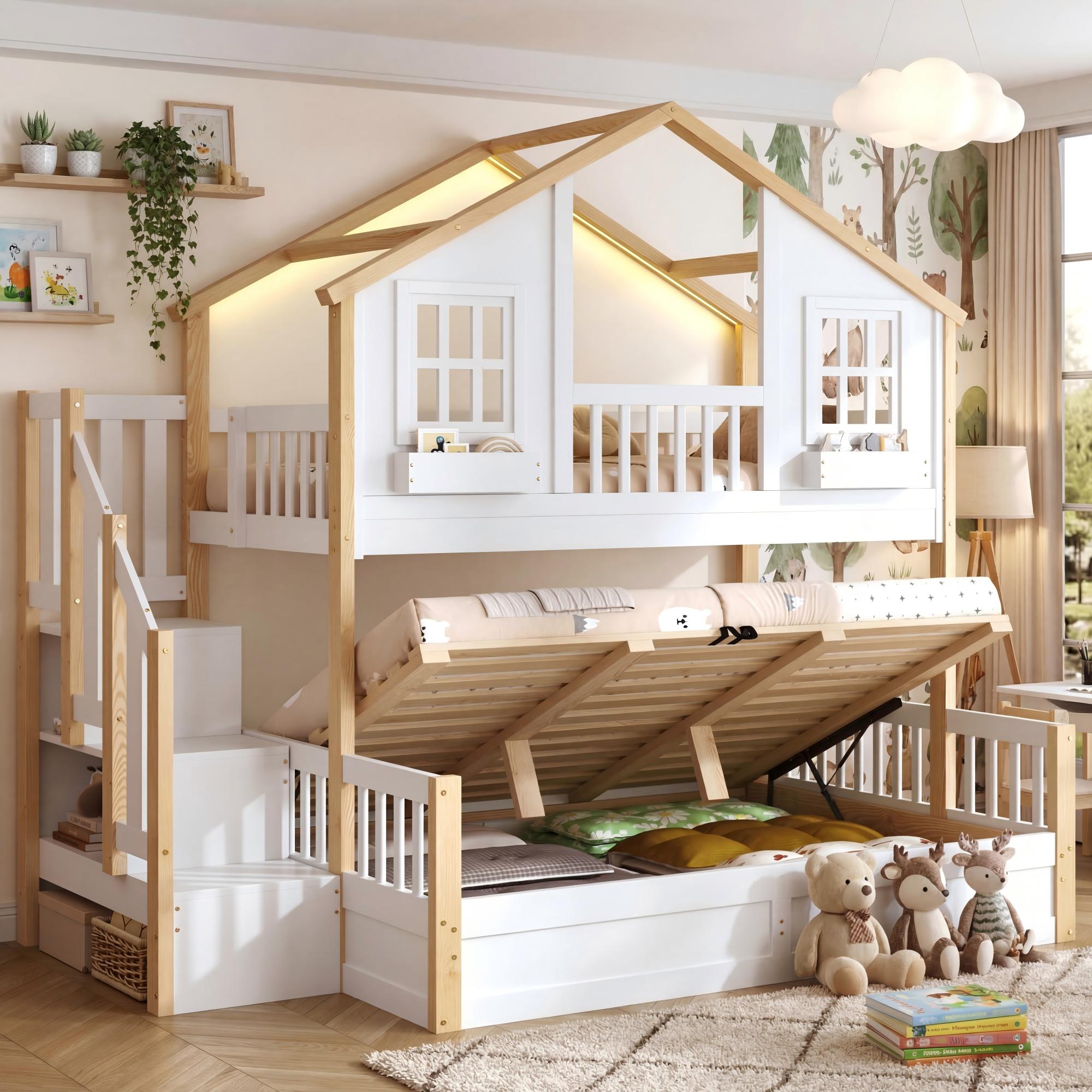 Bunk Bed with Hydraulic Storage, LED, and Stairs, 90x200/140x200cm, White and Natural Wood