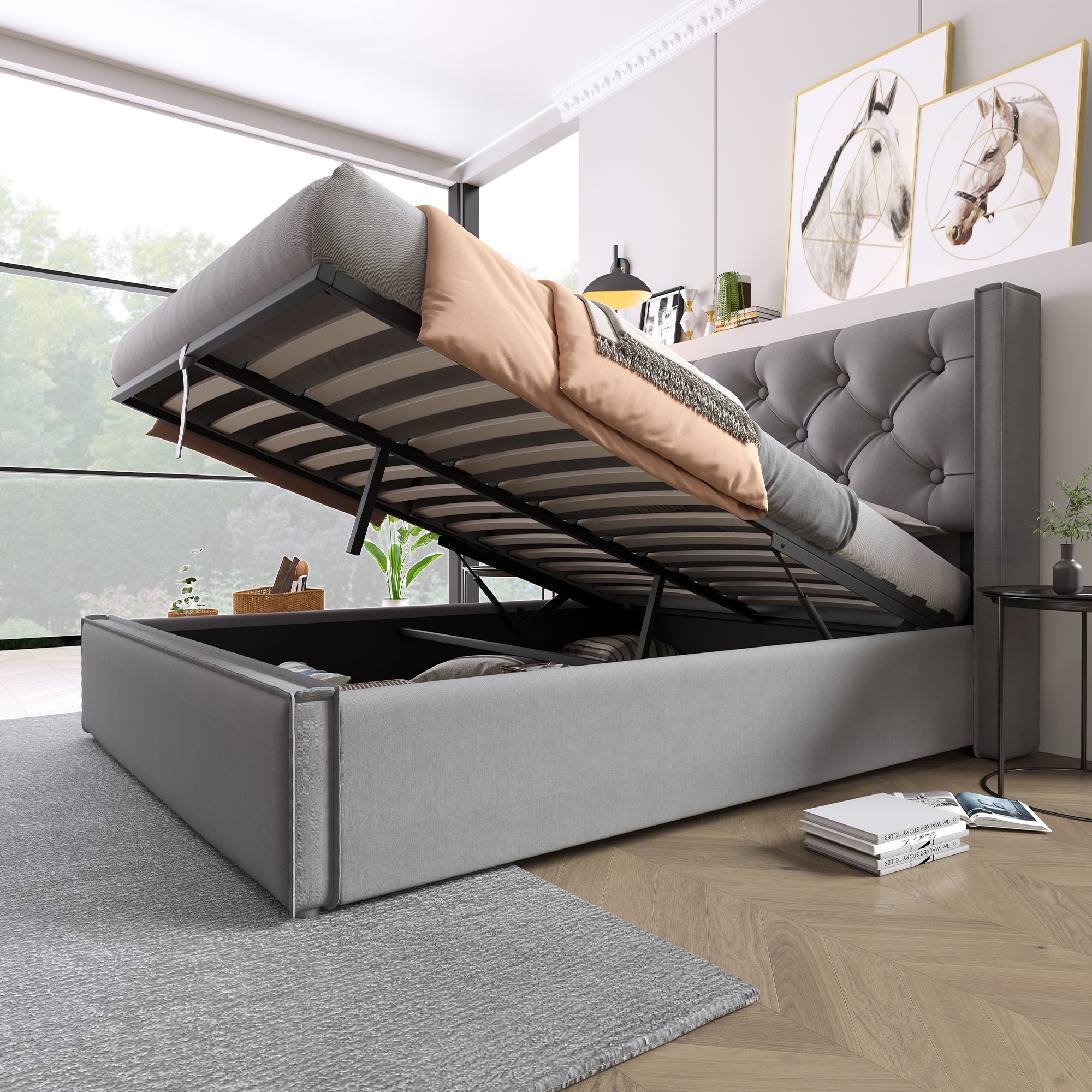 Hydraulic Double Upholstered Bed, 160x200cm, Metal Frame, Storage, Cotton, Grey