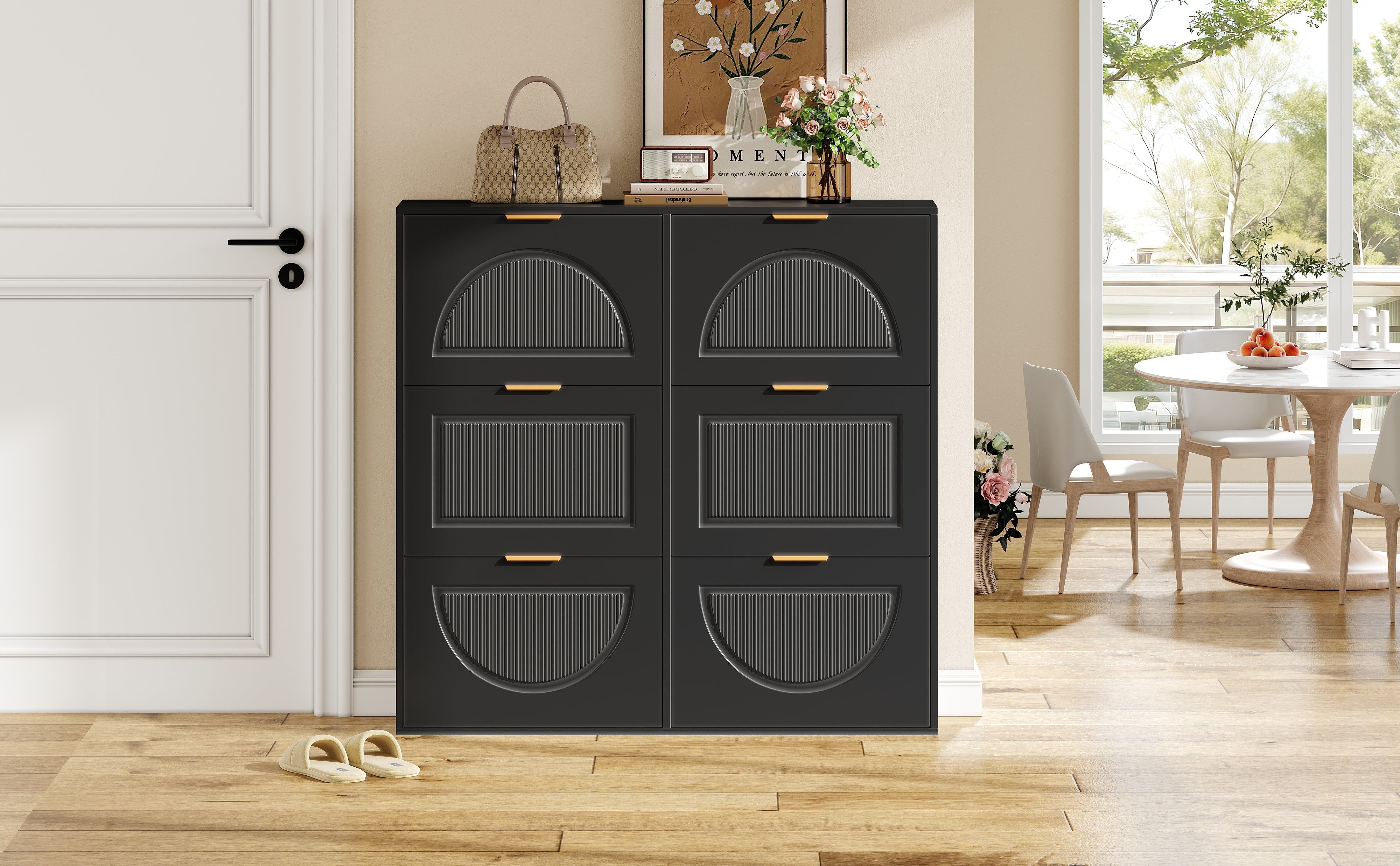 Shoe Cabinet 6 Flap Compartments Freestanding Open Shelves Black