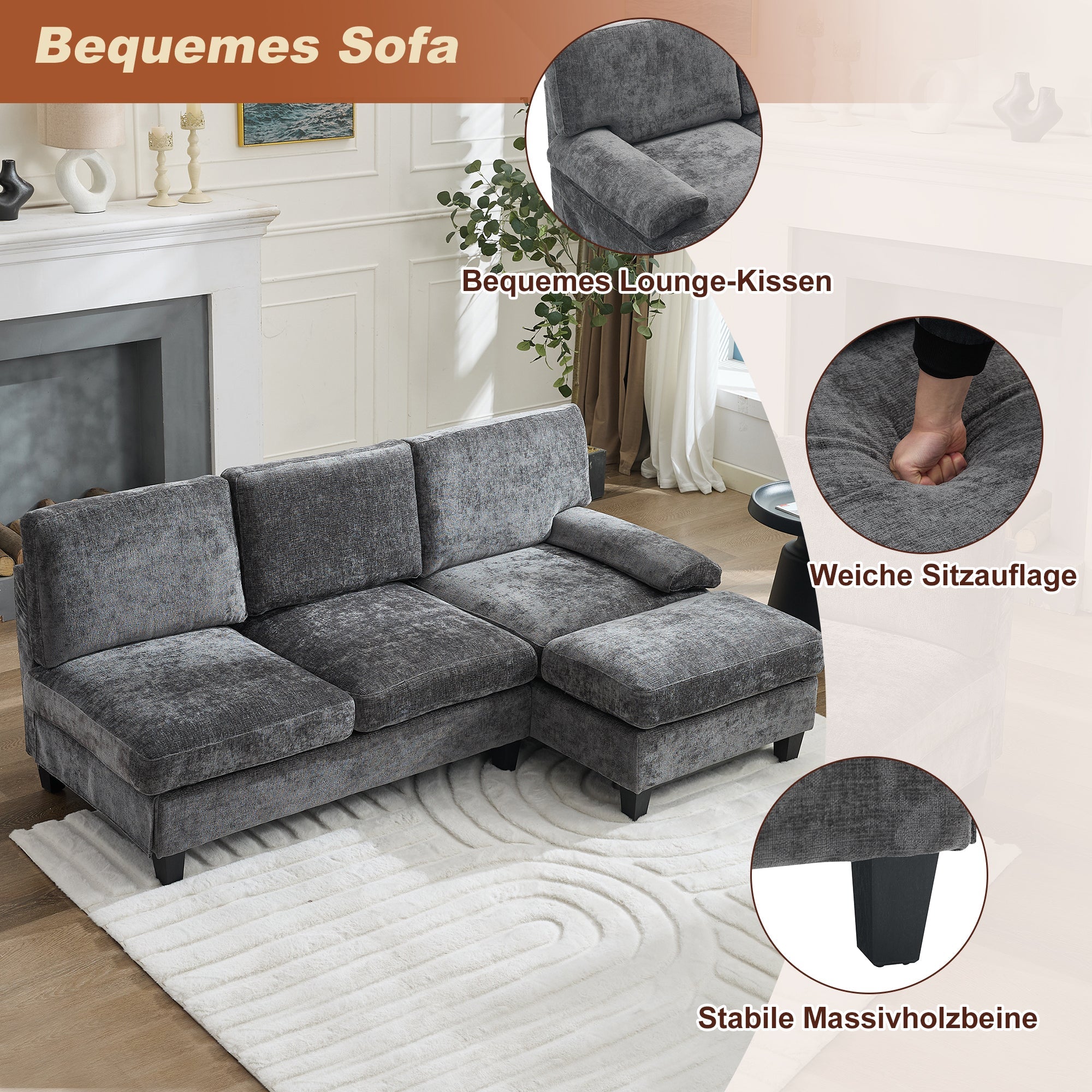 Upholstered L-Shaped Sleeper Sofa 3-Seater Corner 194x118x81cm - Grey