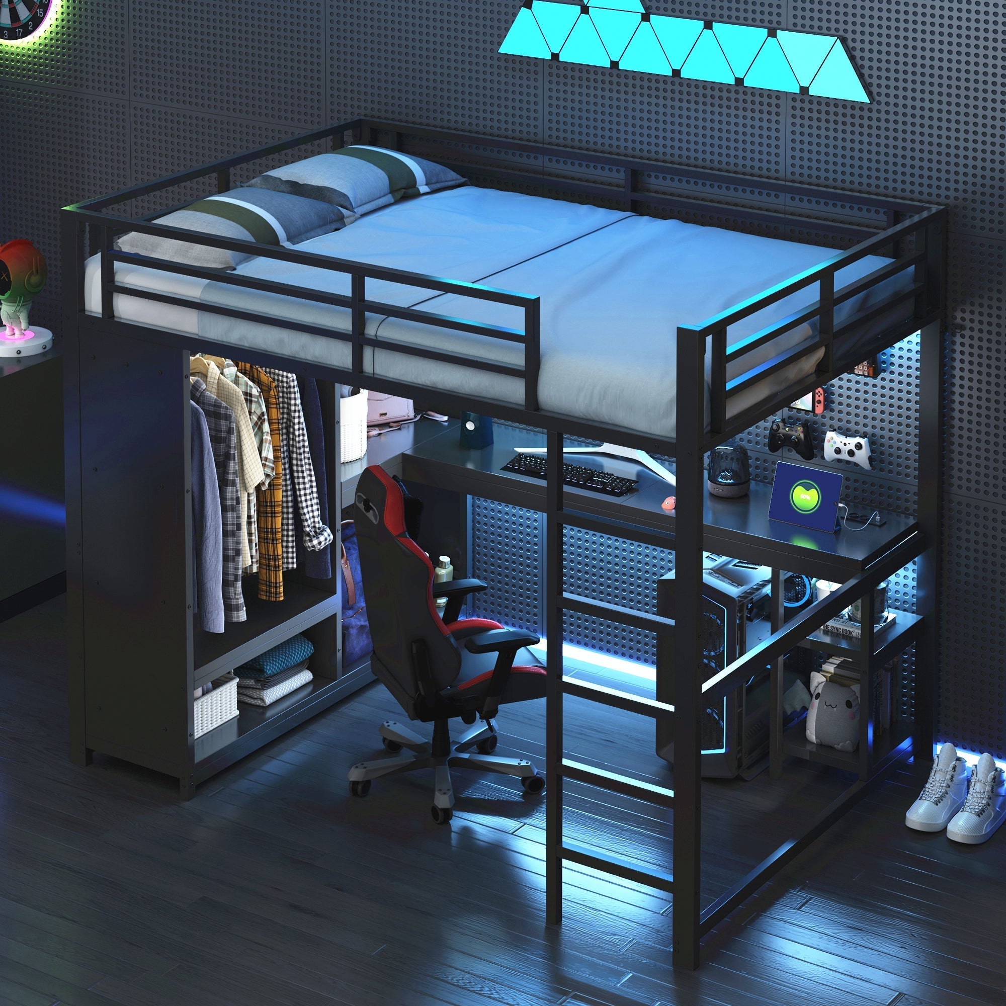 Metal Gaming Loft Bed 140x200 LED Desk Wardrobe Storage - Black