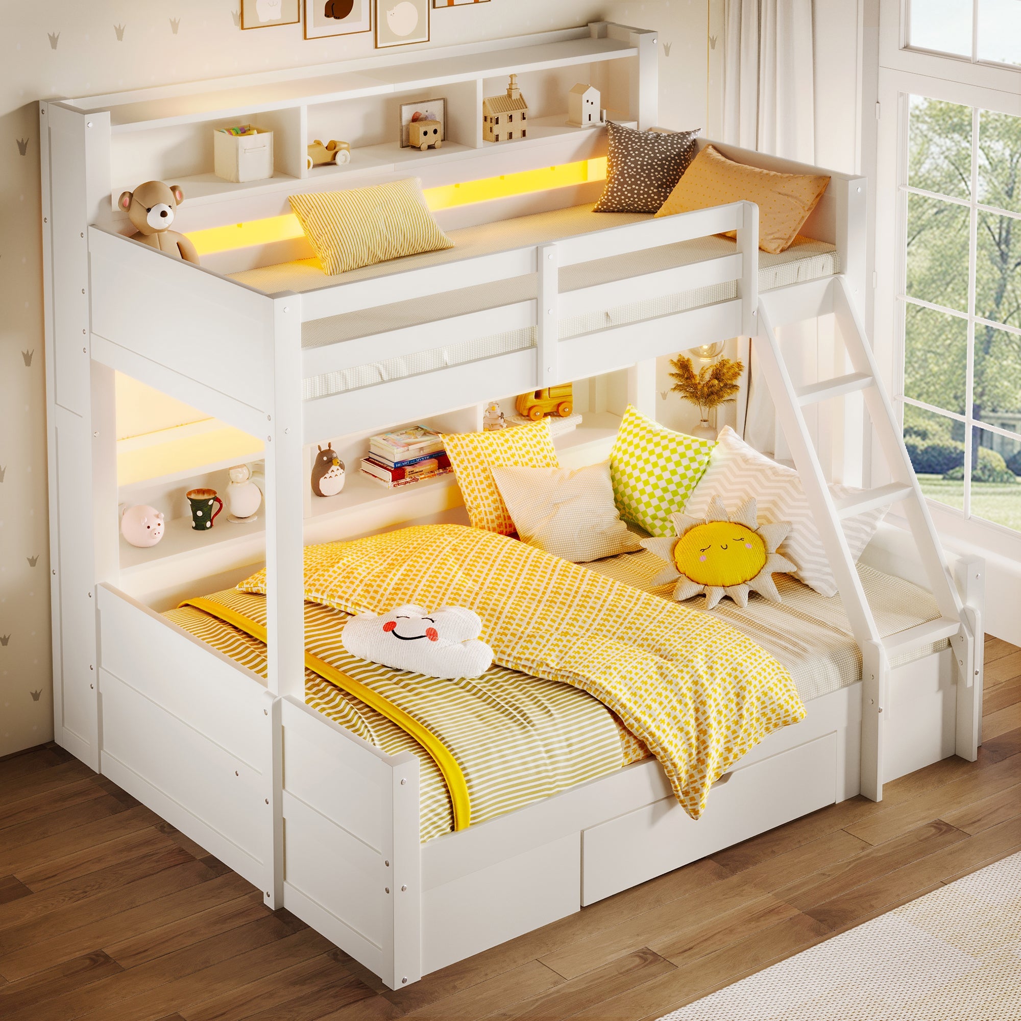 Bunk Bed with Storage Shelves, Drawer and LED Light, 90x200cm over 140x200cm, White