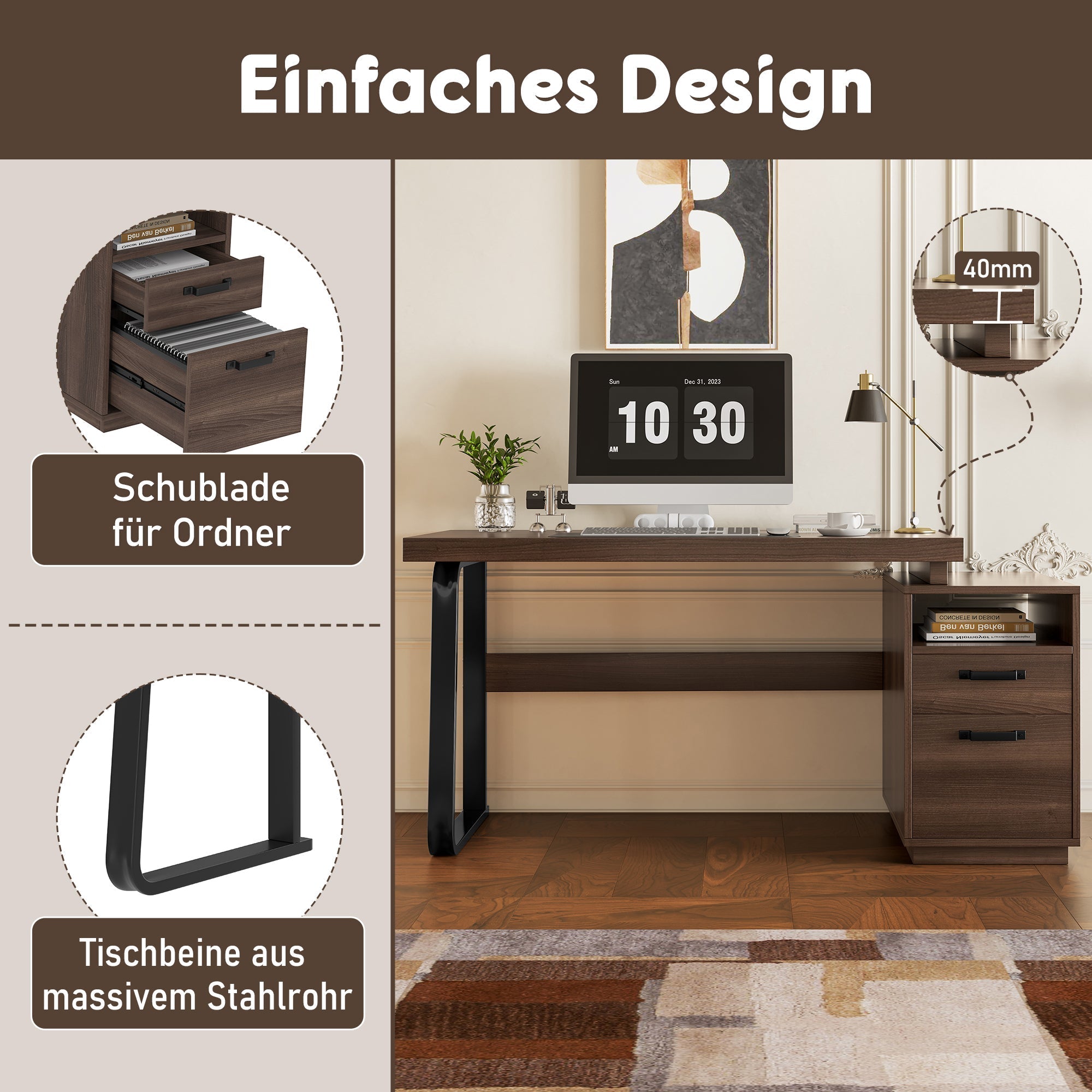 Modern Desk with Multifunctional Storage and Silent File Drawer, MDF and Steel, Brown