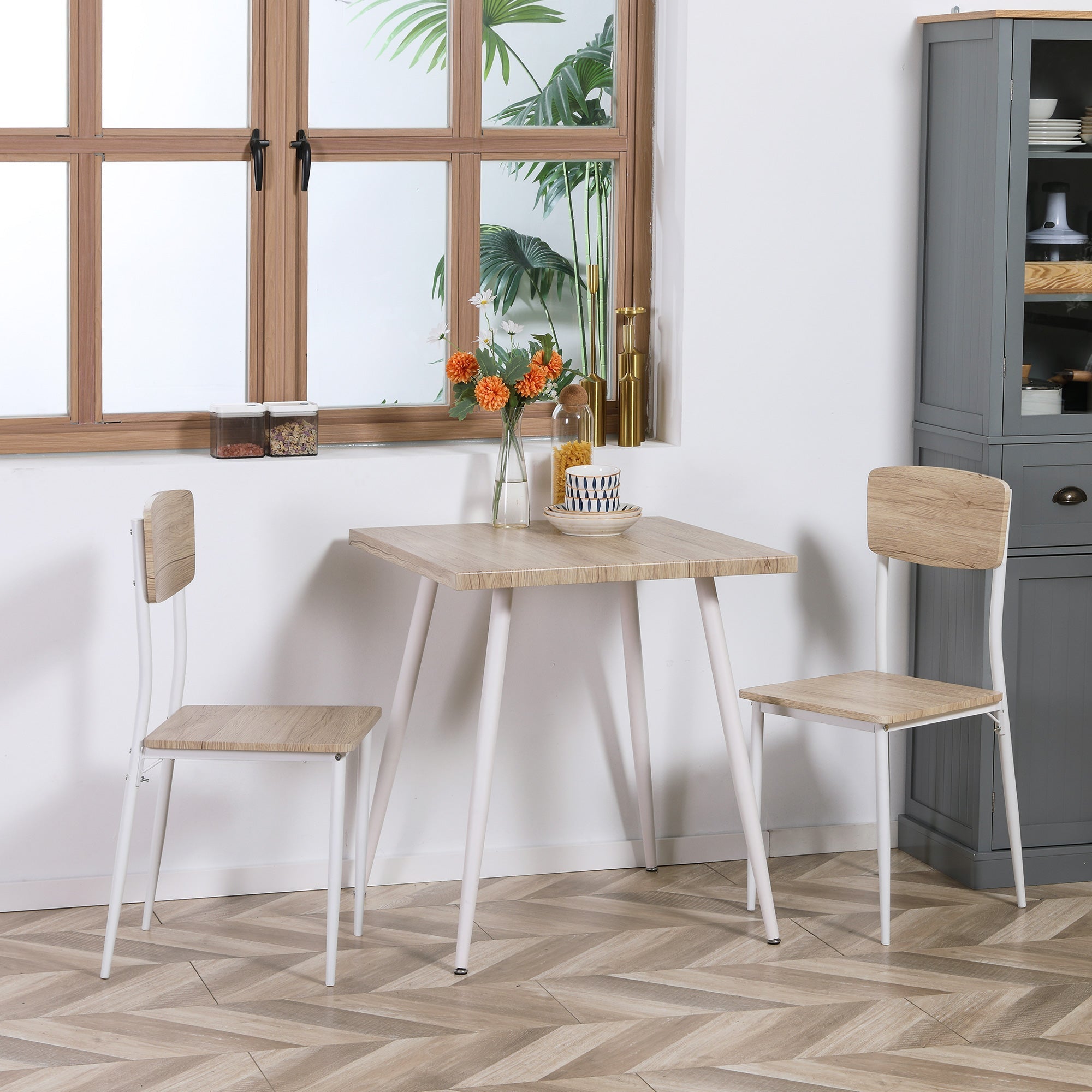 Dining Set 3-Piece 1 Table 2 Chairs MDF Metal Natural Wood Grain/White