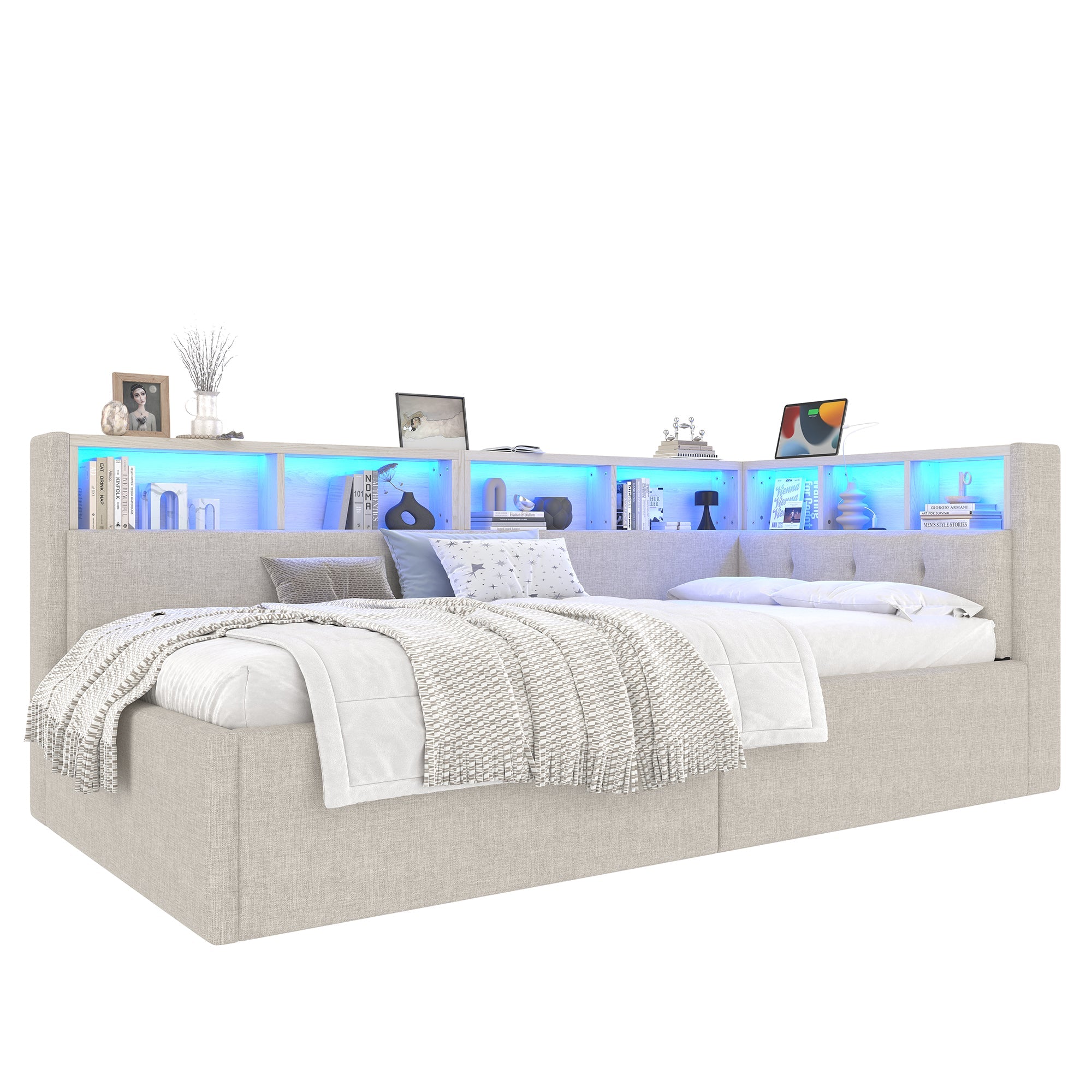 Daybed with USB Ports, Hydraulic Storage and LED, 90x200cm, Beige Linen