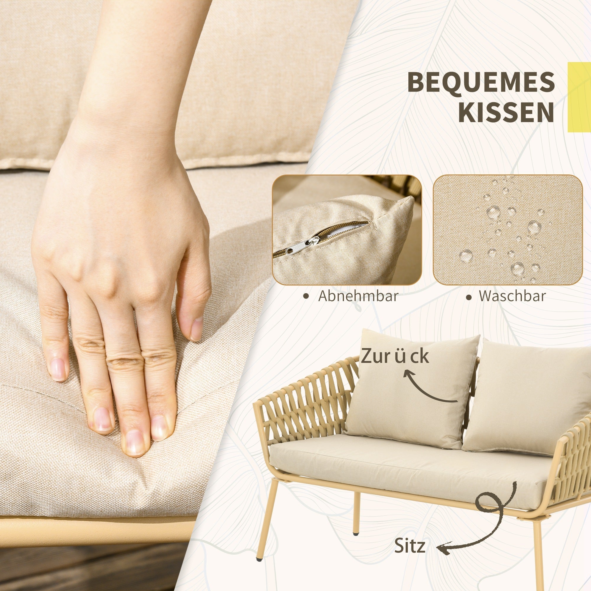 Rattan Garden Set 4-Piece with Coffee Table, 2 Armchairs, Double Sofa, Cushions - Khaki