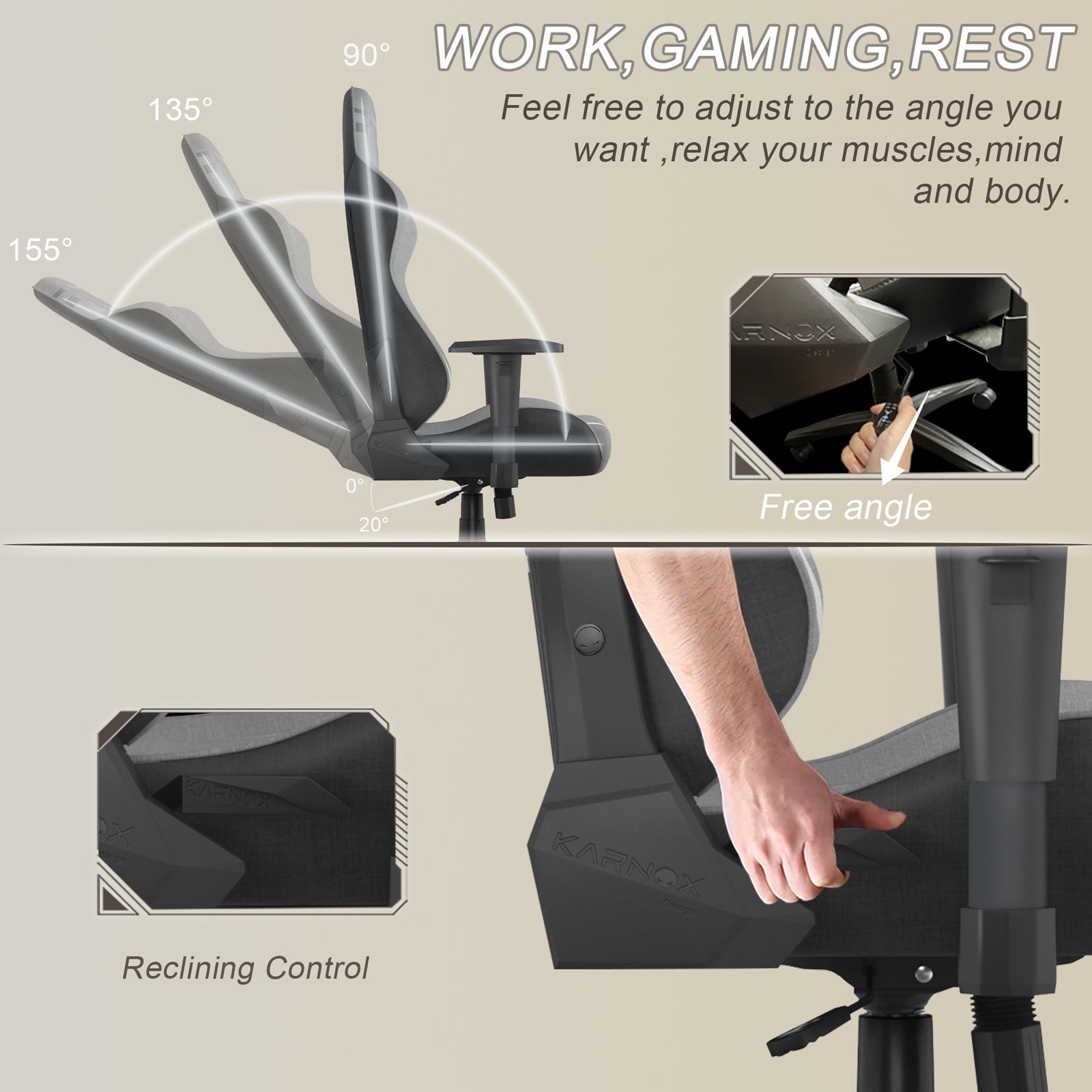 KORNOX Gaming Chair, High Back Swivel Ergonomic Support, Silver Gray Fabric