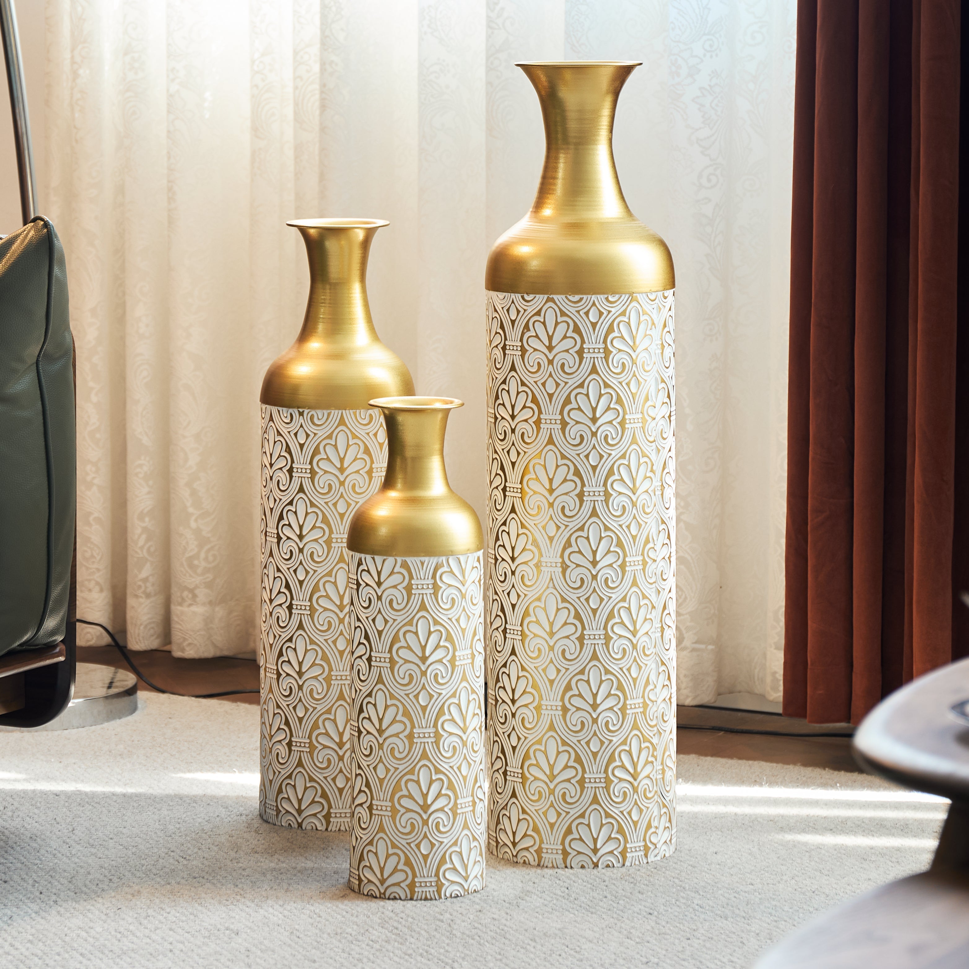 Floor Vase Set 3 Large Decorative 83/65/50cm High White Gold Metal