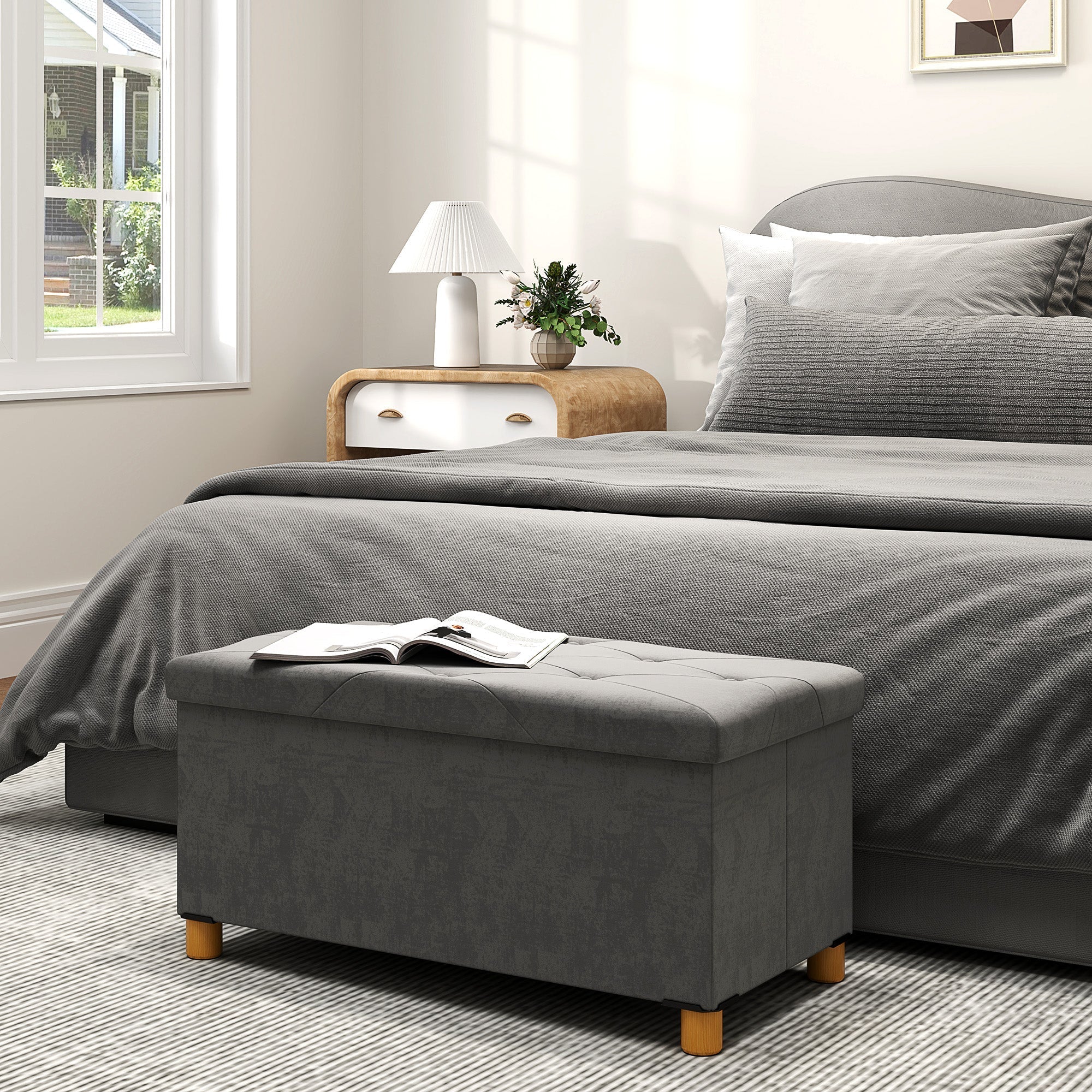 Bench with Storage, Foldable Upholstered, Velvet Look, Gray