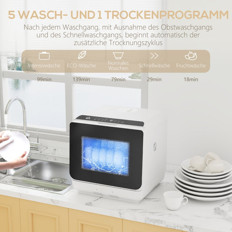 Countertop Dishwasher, Mini 6-Liter Tank 5 Programs LED Display Drying Function, White