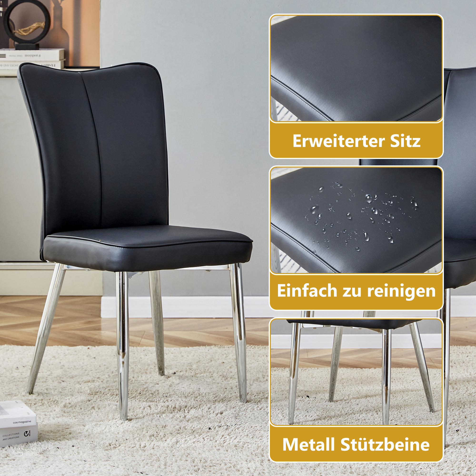 2 Dining Chairs Modern PU Silver Metal Legs 89cm High - Black