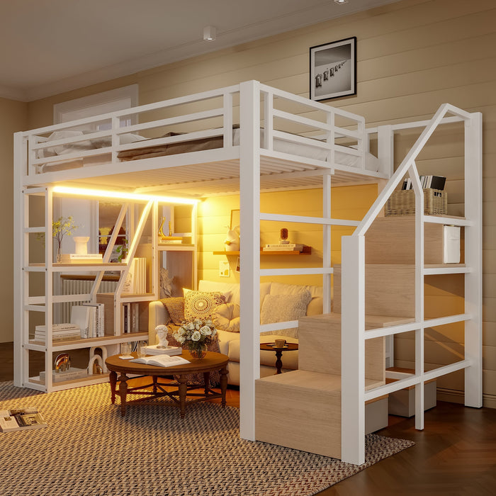 Loft Bed with LED, Storage Compartment and Integrated Steps, 140x200cm, White Iron Frame
