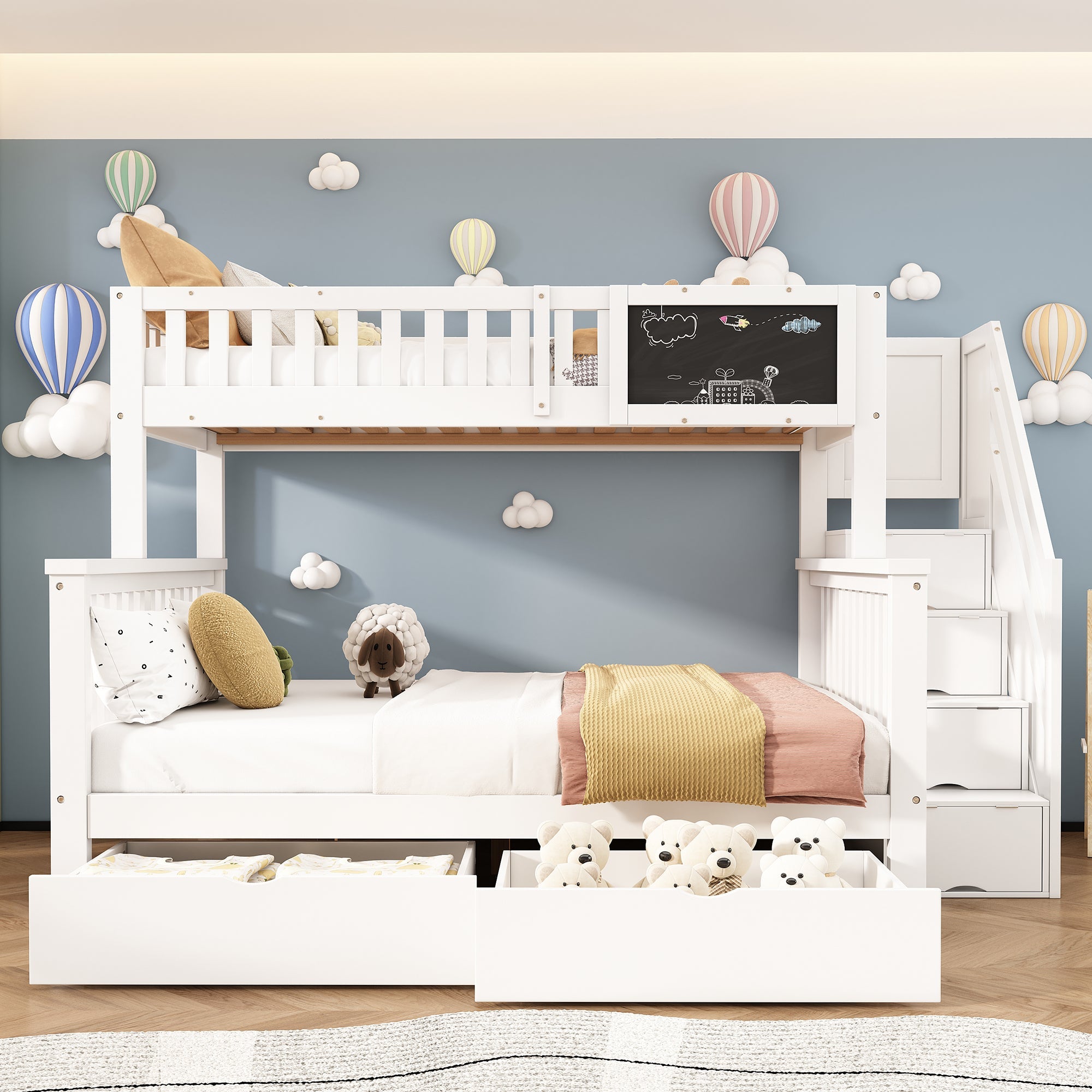 Children's Bunk Bed with Chalkboard and Drawers, 90x200 & 140x200cm, White