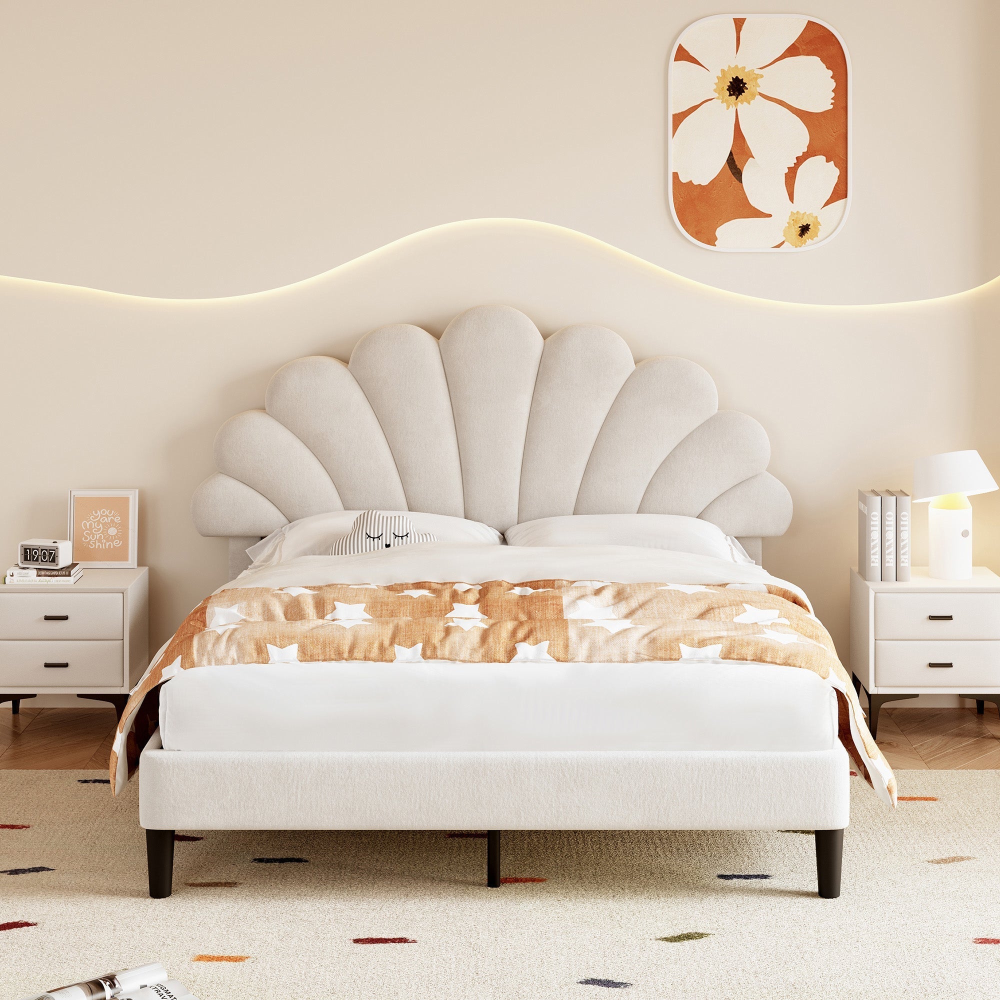 4ft6 Double Upholstered Velvet Bed Frame, Adjustable Chic Petal Headboard, Beige
