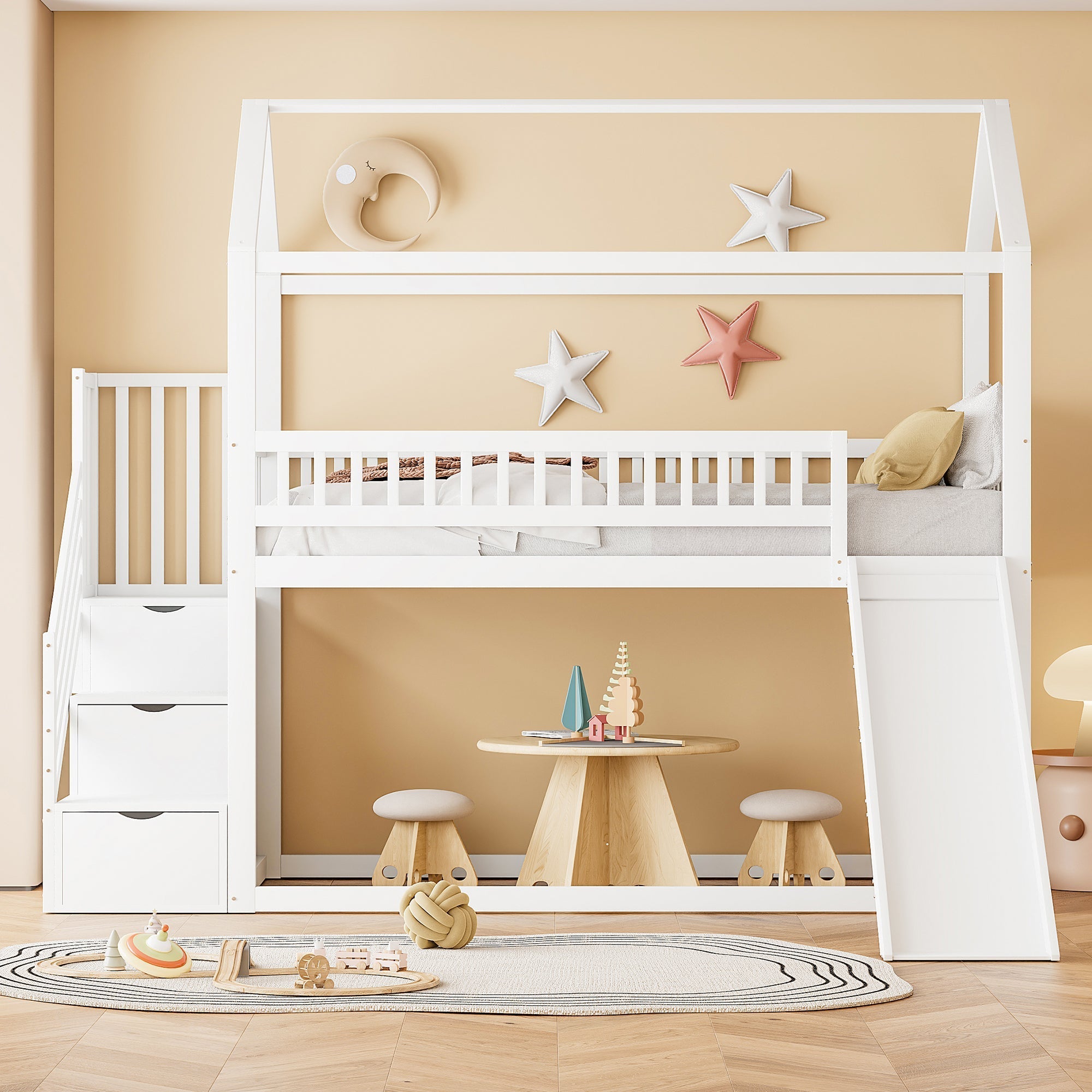 Children's Bunk Bed 90x200 cm, Loft with Slide & Storage Ladder, Solid Wood, White