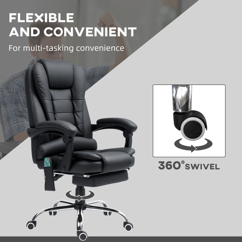Office Chair, 6 Point Massage Heat Footrest Adjustable Reclining Swivel, PU Leather Black