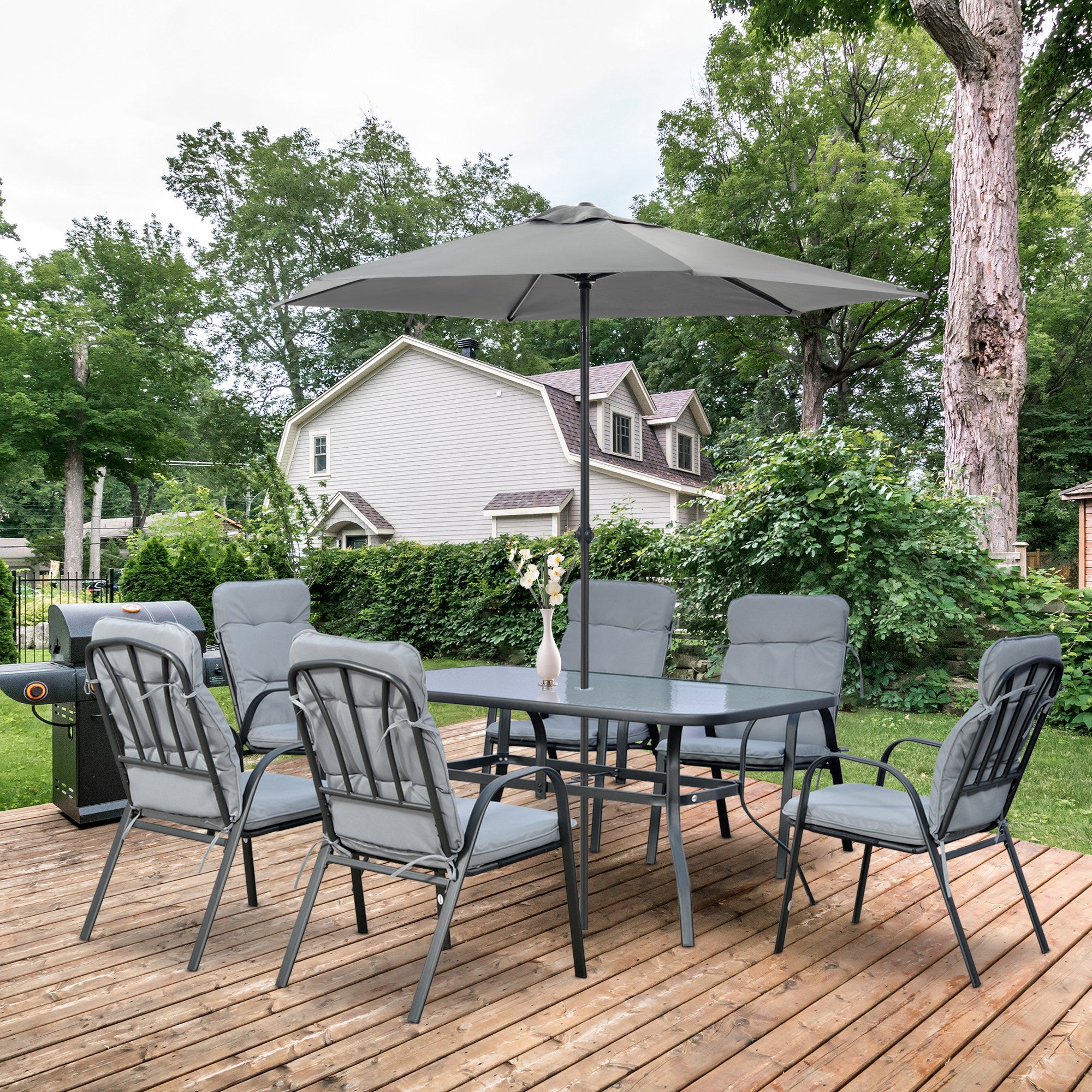 Seven-Piece Garden Dining Set with Cushions - Grey Steel