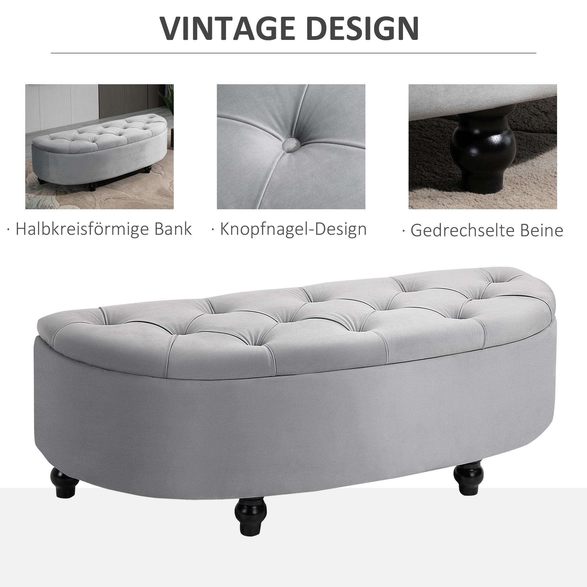 Storage Bench Ottoman Footstool, Velvet-Touch Rubberwood, Grey