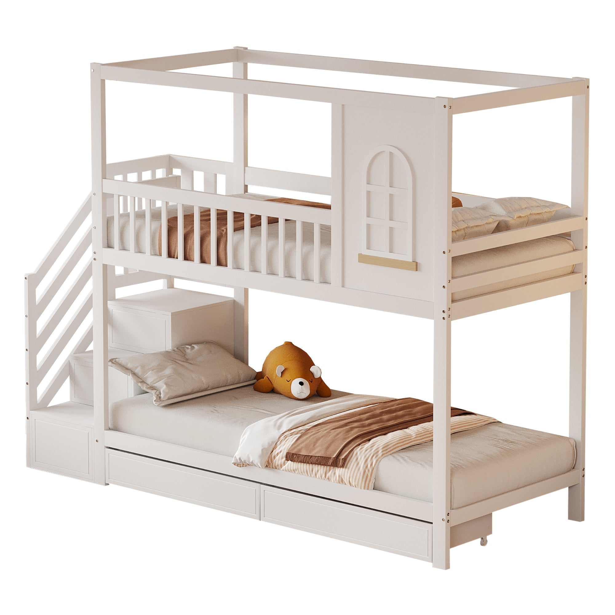 Bunk Bed 90x200cm House Design Drawers Ladder Solid Wood - White