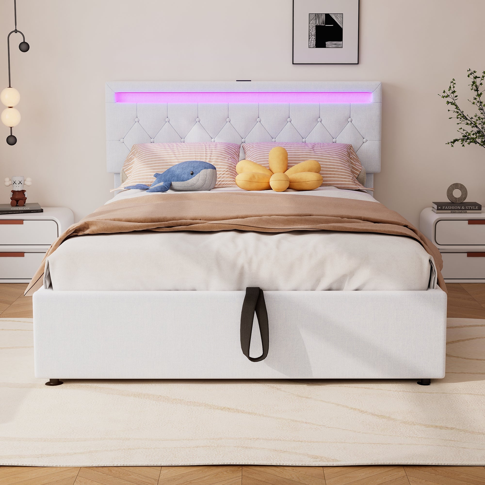 Upholstered Bed 140x200cm Adjustable Ambient Light USB/Type-C Storage - White