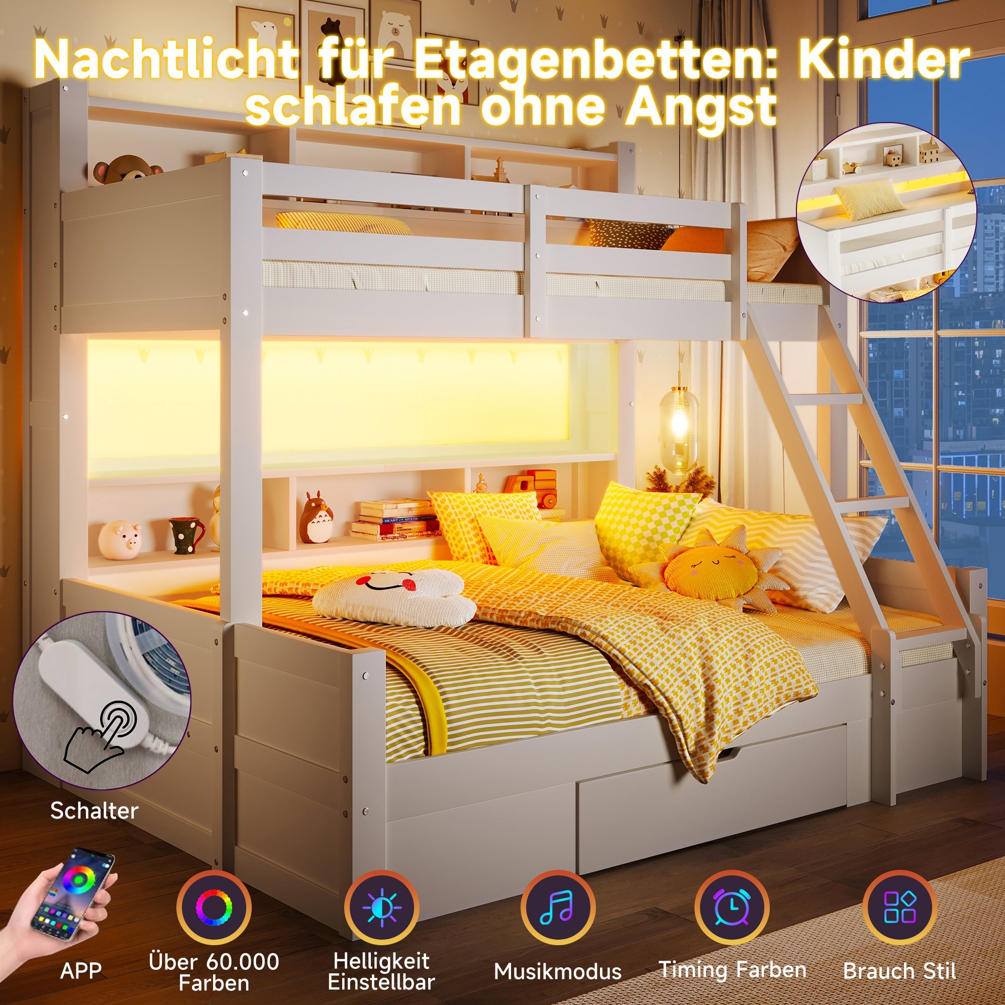 Bunk Bed with Storage Shelves, Drawer and LED Light, 90x200cm over 140x200cm, White