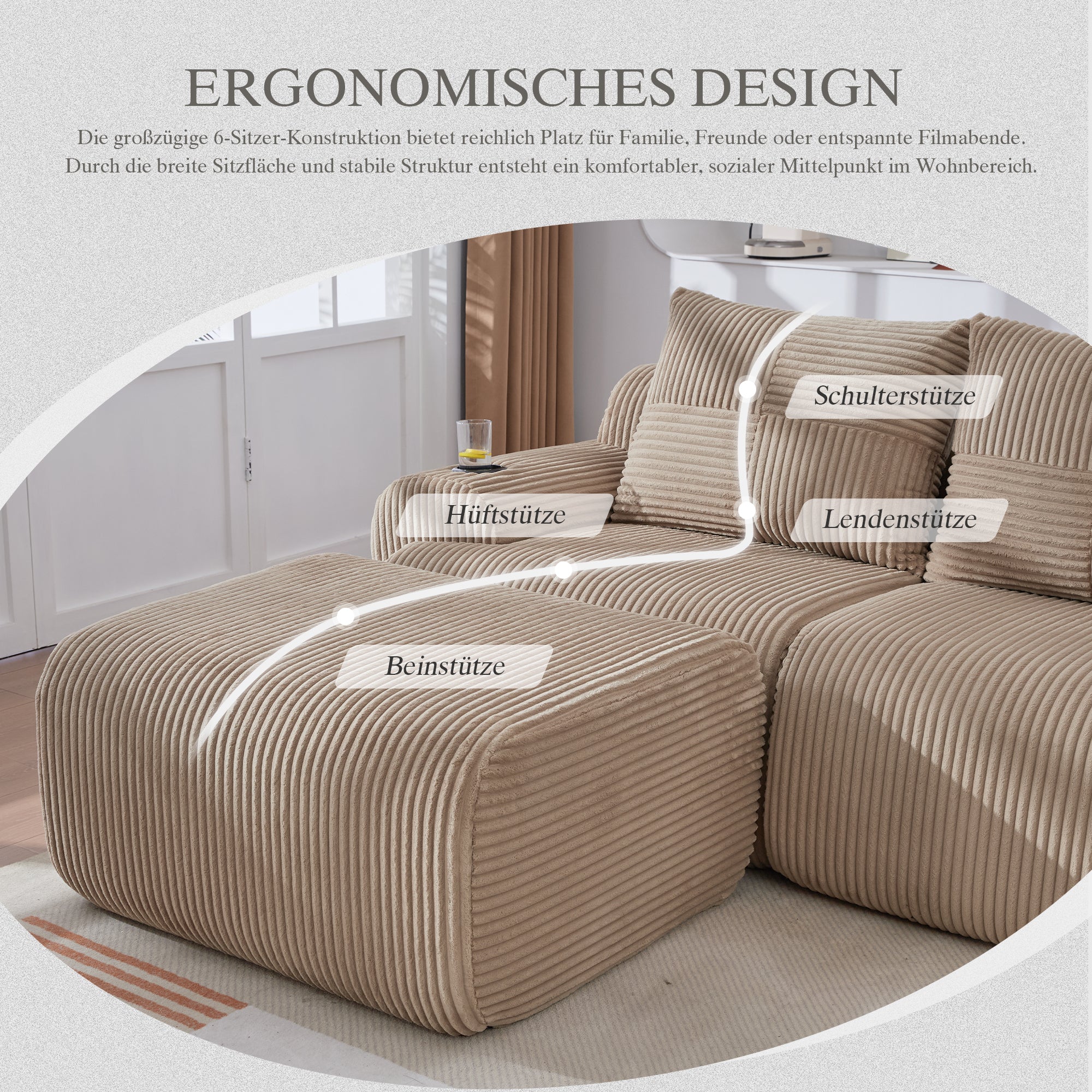 3-Seater Modular Sofa with Ottomans, Cup Holders and Side Pocket, Khaki Corduroy