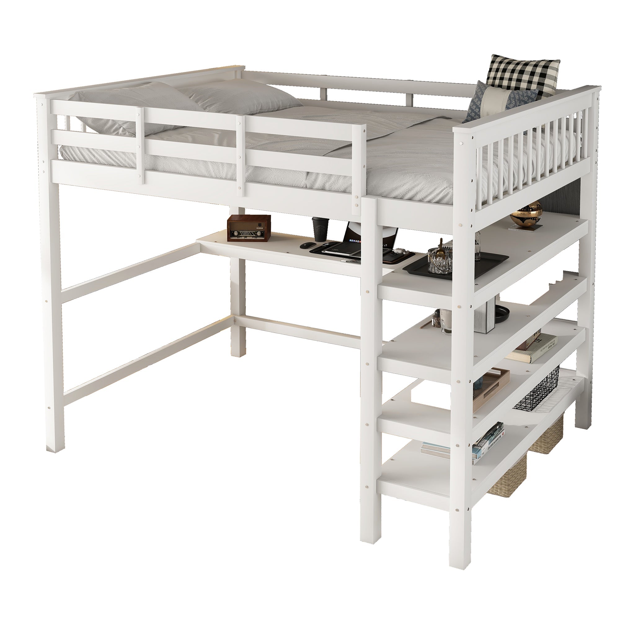 Loft Bed 140x200cm with Storage and Under-bed Desk - White