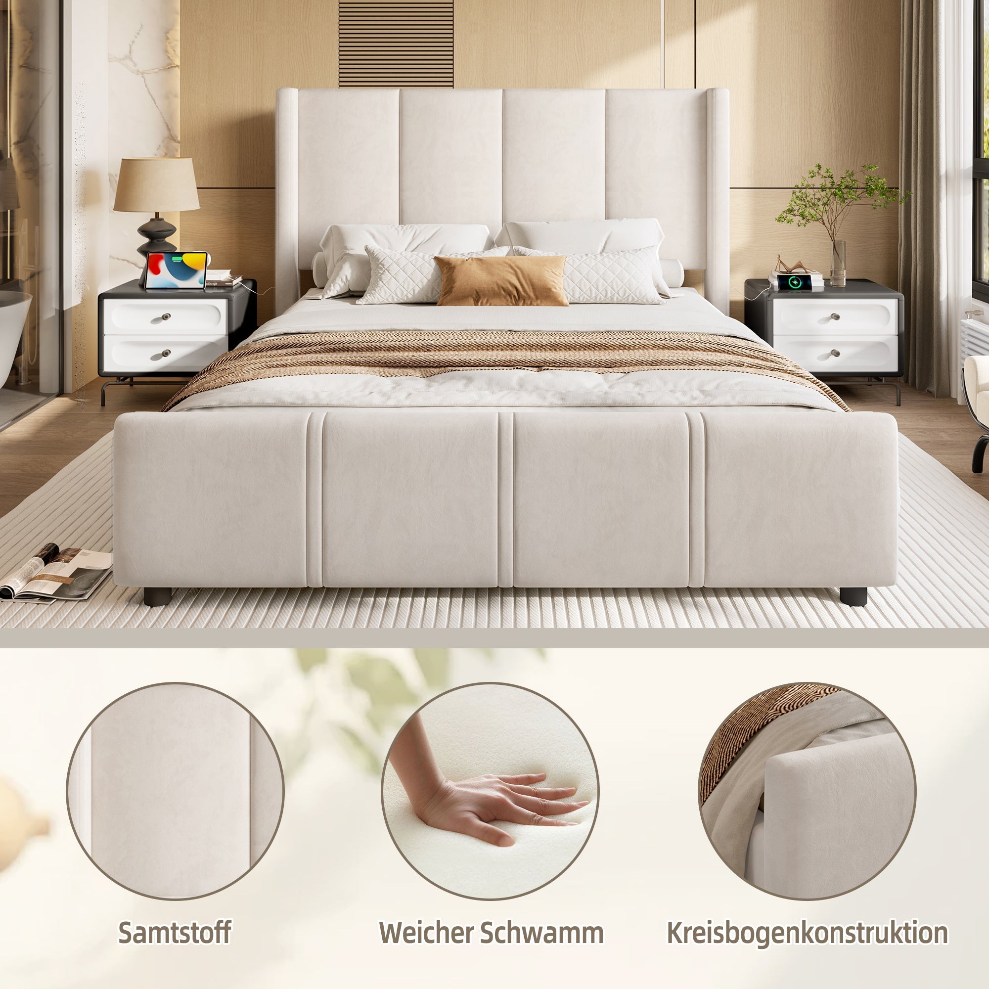 Upholstered Bed Frame, Modern High Headboard & Footboard, USB Port, Iron & Wood, Beige
