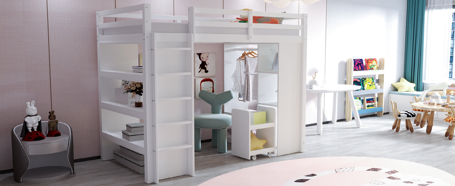 Children's Loft Bed, Multi-Level Shelves, Hangers, Storage, Removable Trolley, 90 x 200 cm, White